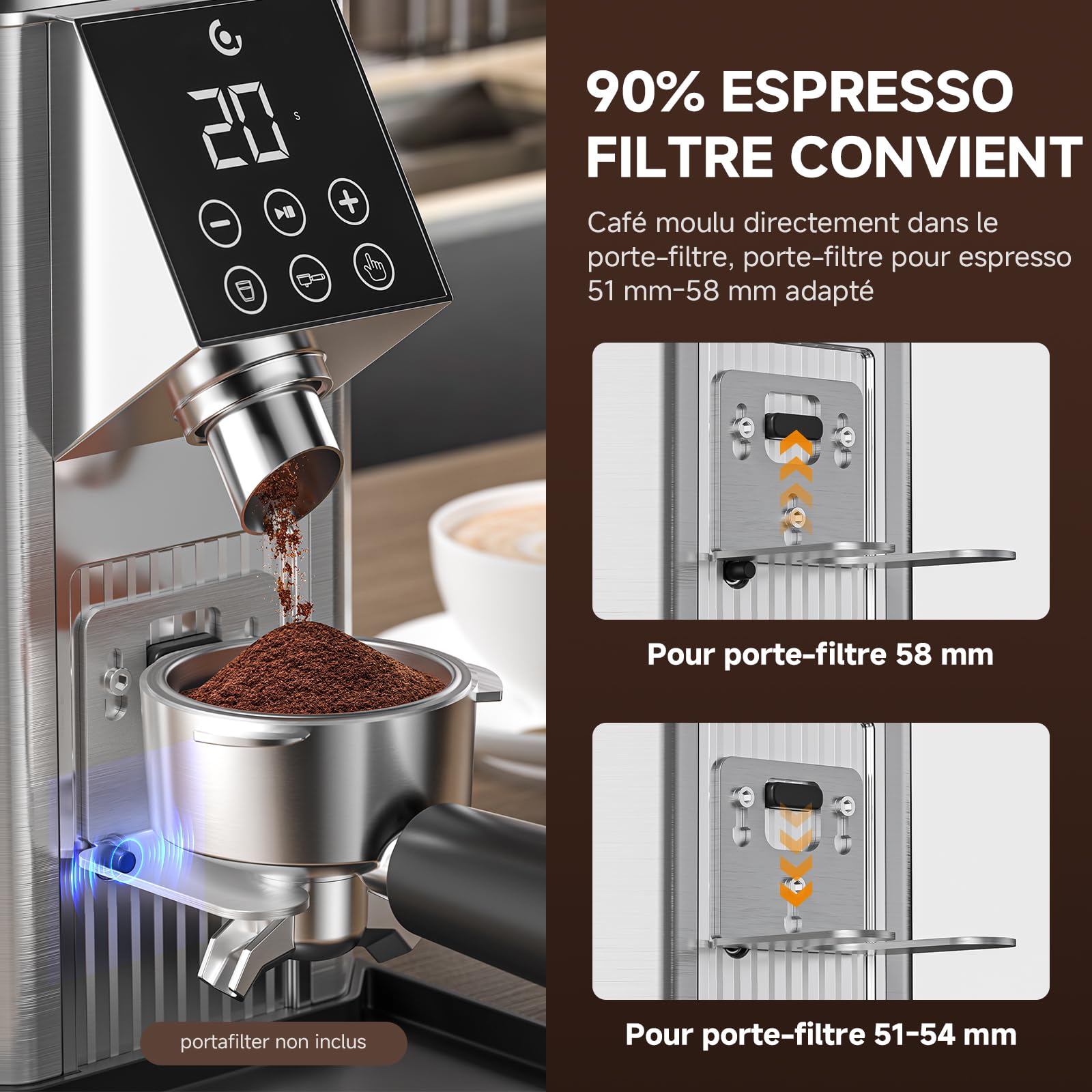 AMZCHEF Moulin à Café Électrique,45 Niveaux de Mouture, Meules Coniques en Acier Inoxydable 40mm, Corps en Acier, Support de Porte-filtre Réglable, Panneau de Contrôle Tactile LED