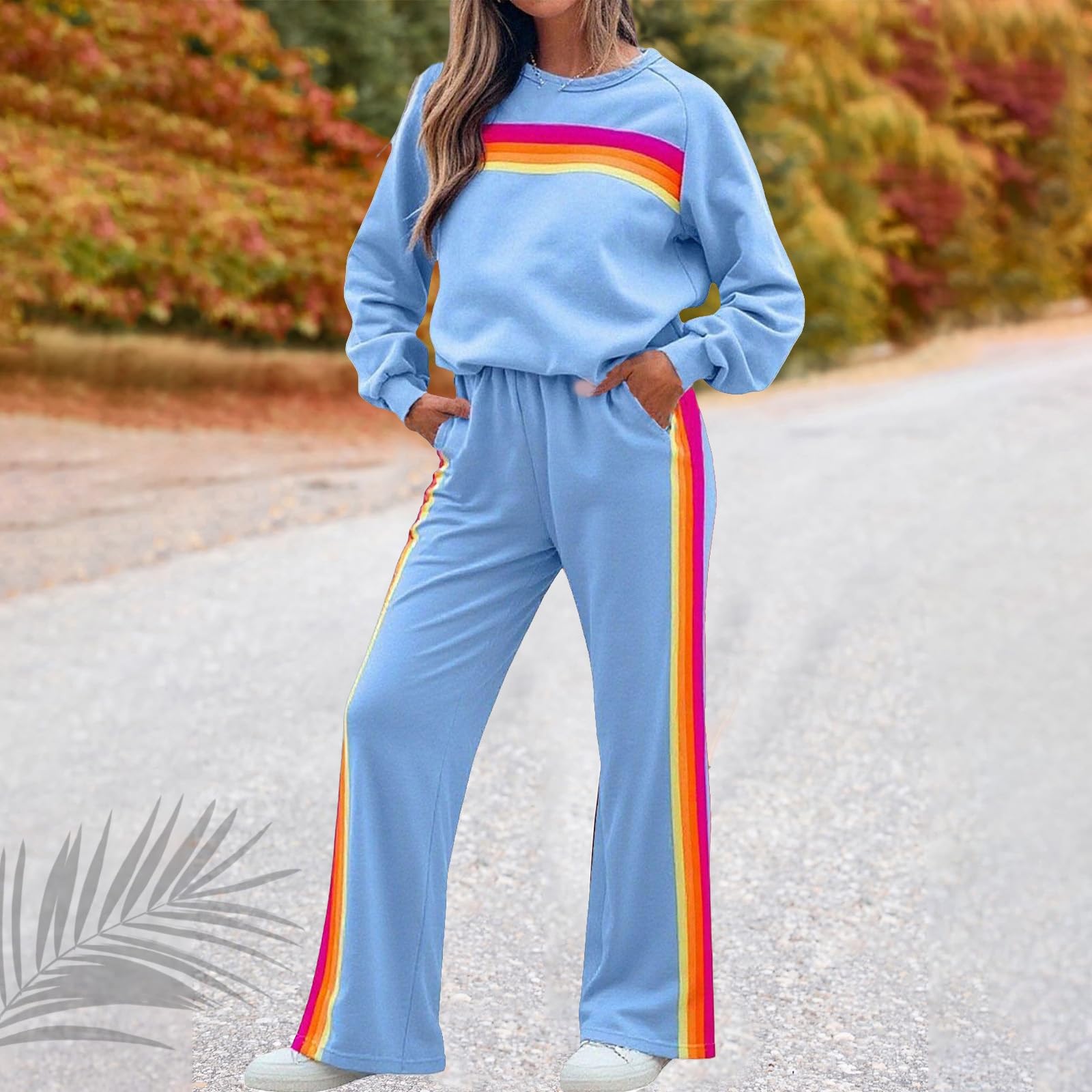 Generisch Set da 2 pezzi da donna a righe arcobaleno, maglione, felpa e pantaloni abbinati a gamba larga, tuta da allenamento lounge (nero, L)