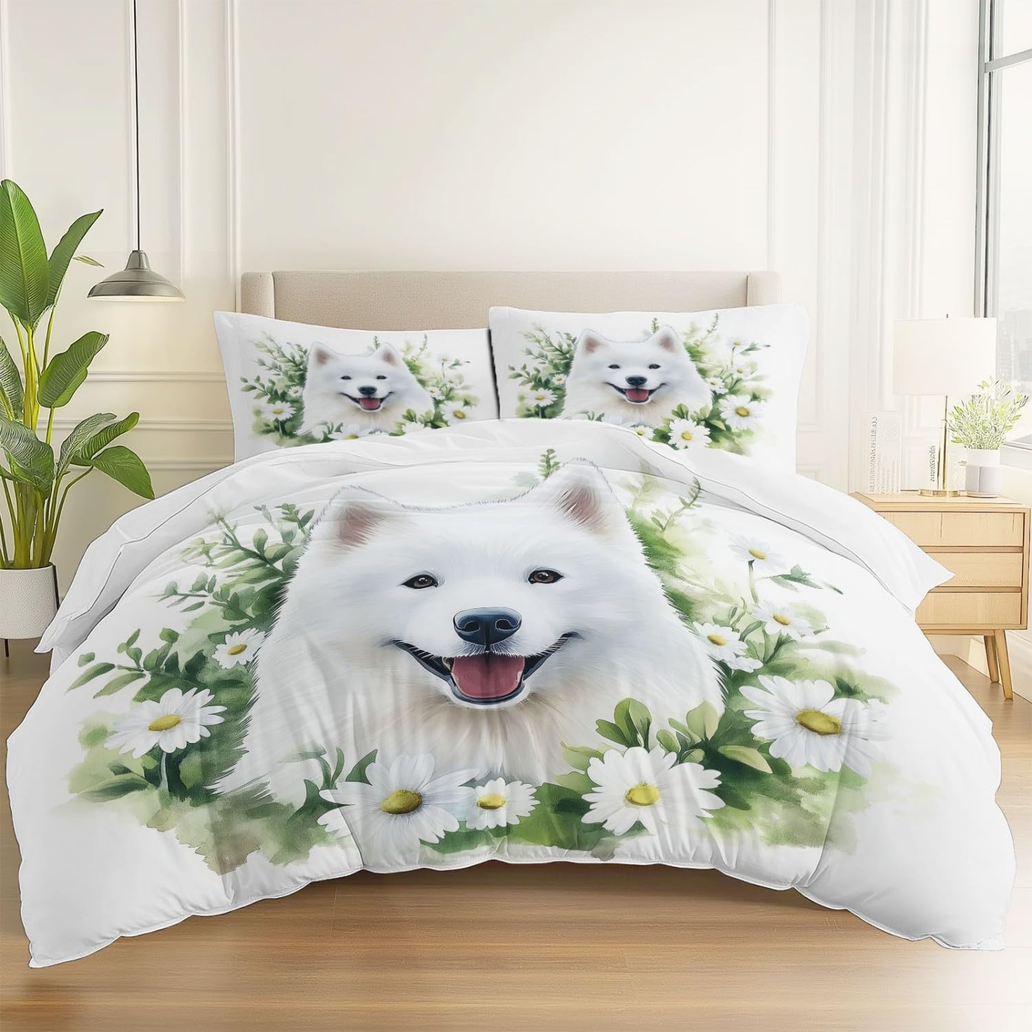 Akwarela Samoyed Zwierzęta Poszwa na kołdrę z mikrofibry z 2 poszewkami na poduszki, komfortowy zestaw pościeli 240 x 220 cm do dekoracji pokoju dziecięcego i dorosłych, biała