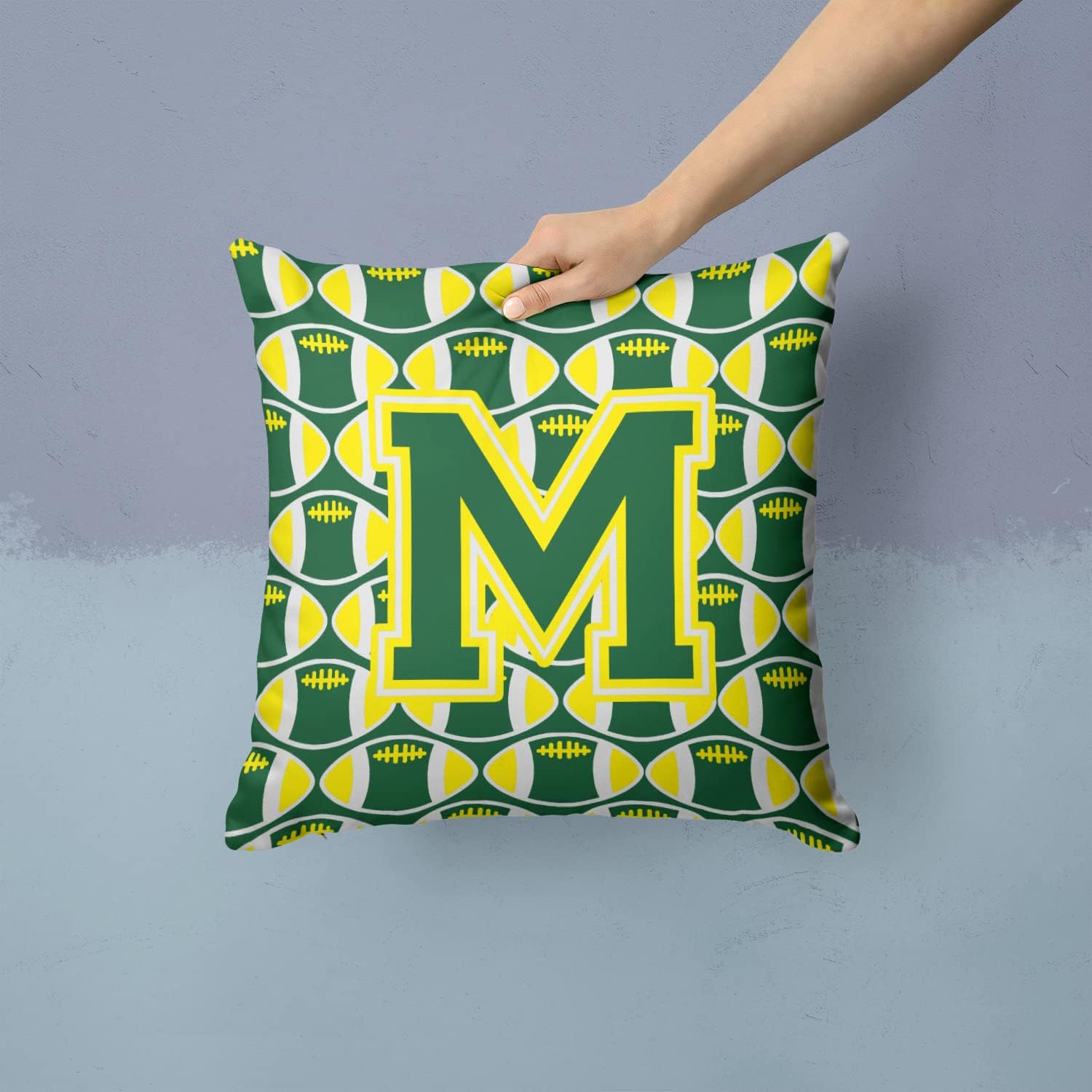 Caroline's Treasures CJ1075-MPW1414 Letter M Football Green and Yellow Fabric Decorative Pillow Machine Washable, Indoor Outdoor Decorative Pillow for Couch, Bed or Patio, 14Hx14W