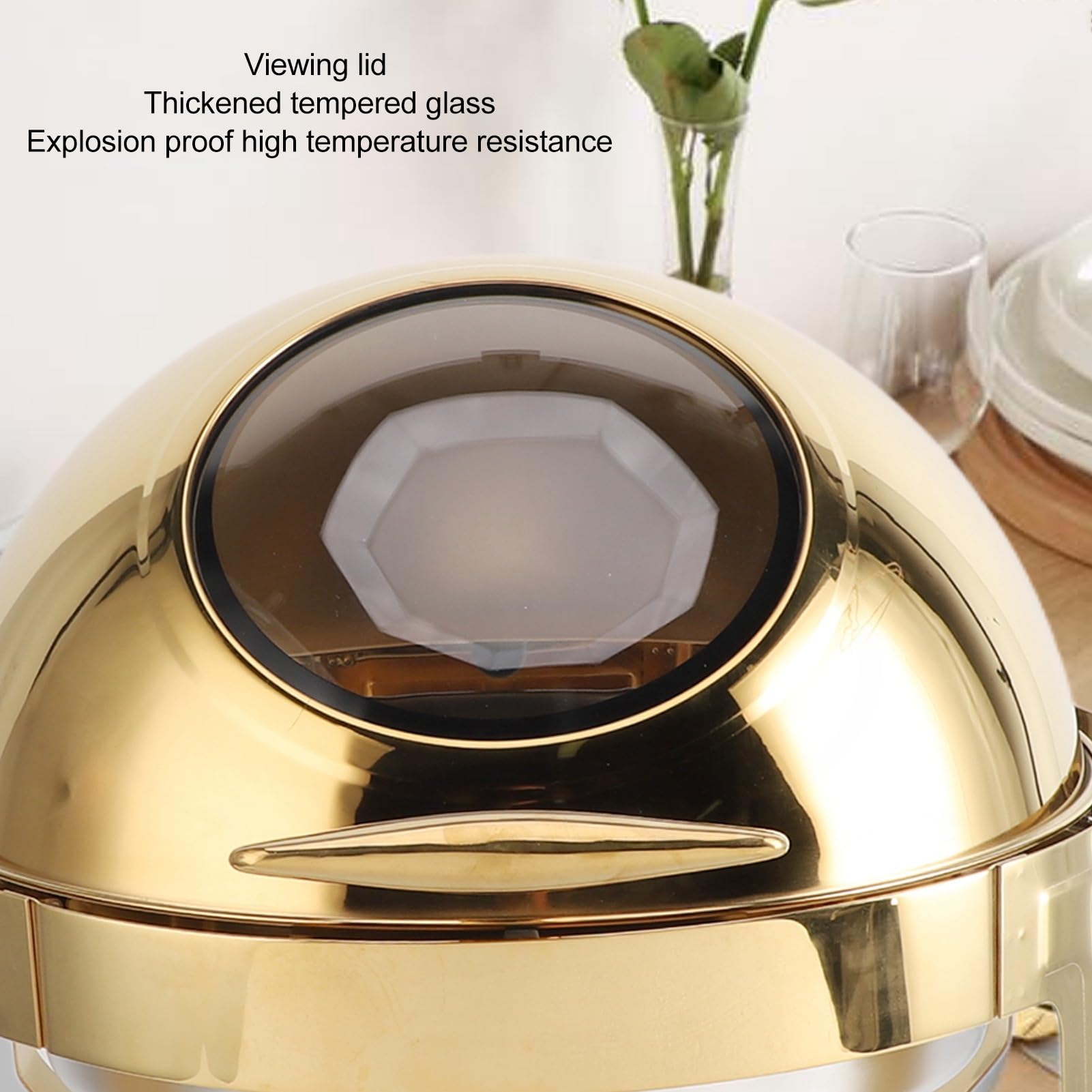 Zestaw do Podgrzewania Potraw Cateringowych ze Stali Nierdzewnej z widoczną pokrywką na imprezę Holiday Gold, Podgrzewany Alkoholem Okrągły Zestaw do Podgrzewania Potraw w Formie Bufetu dla