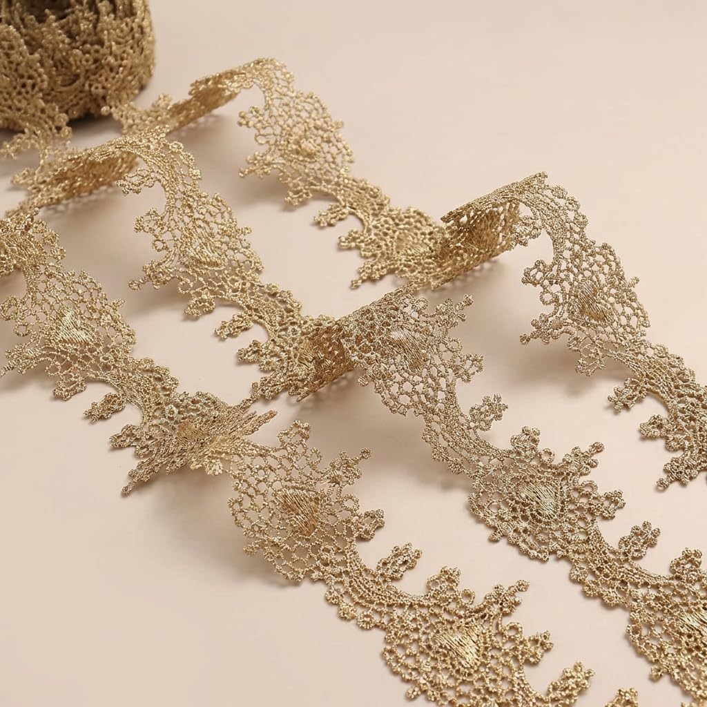 IDONGCAI Premium Gold Metallic Lace Trim – Vintage Venice & Alençon Embroidery Edging for Bridal, Couture Dresses, Costumes, DIY Crafts & Elegant Home Décor – Luxury Sewing Accent(1.5 inch,4.8 Yards)