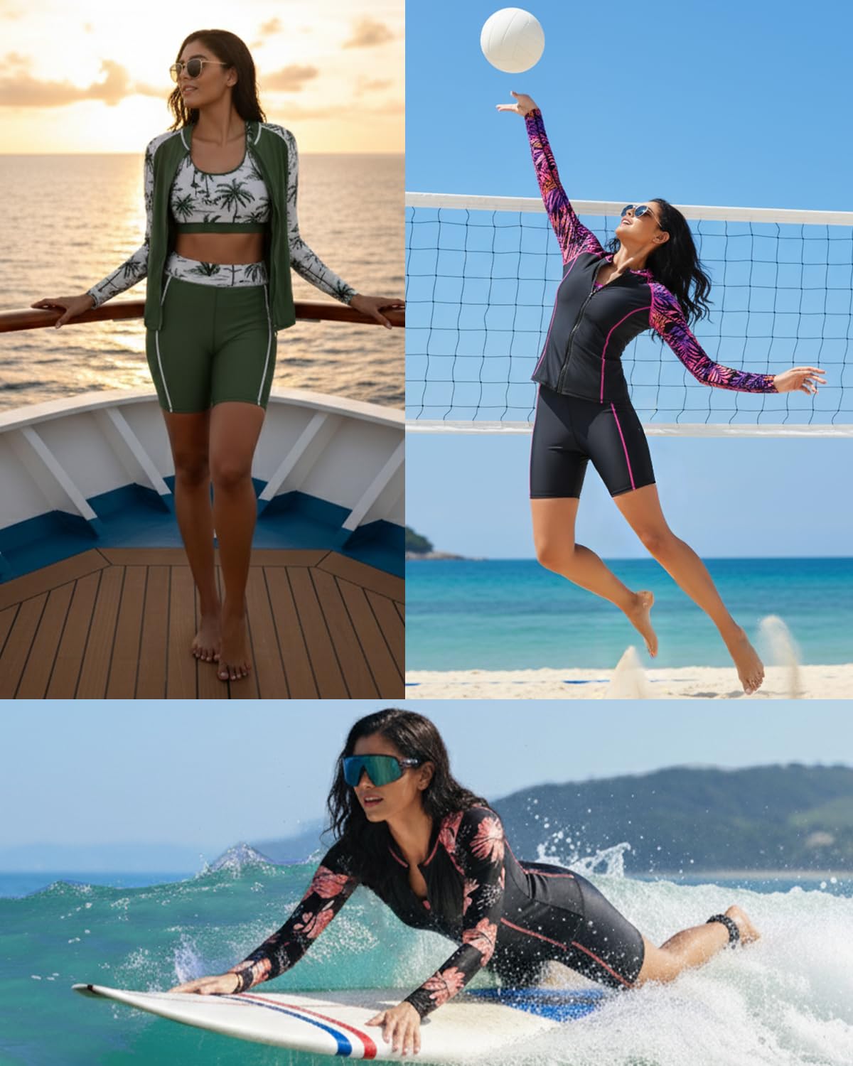 Daci Camiseta de natación de 3 piezas para mujer, camiseta de manga larga con cremallera, brasier deportivo, traje de baño modesto con pantalones cortos