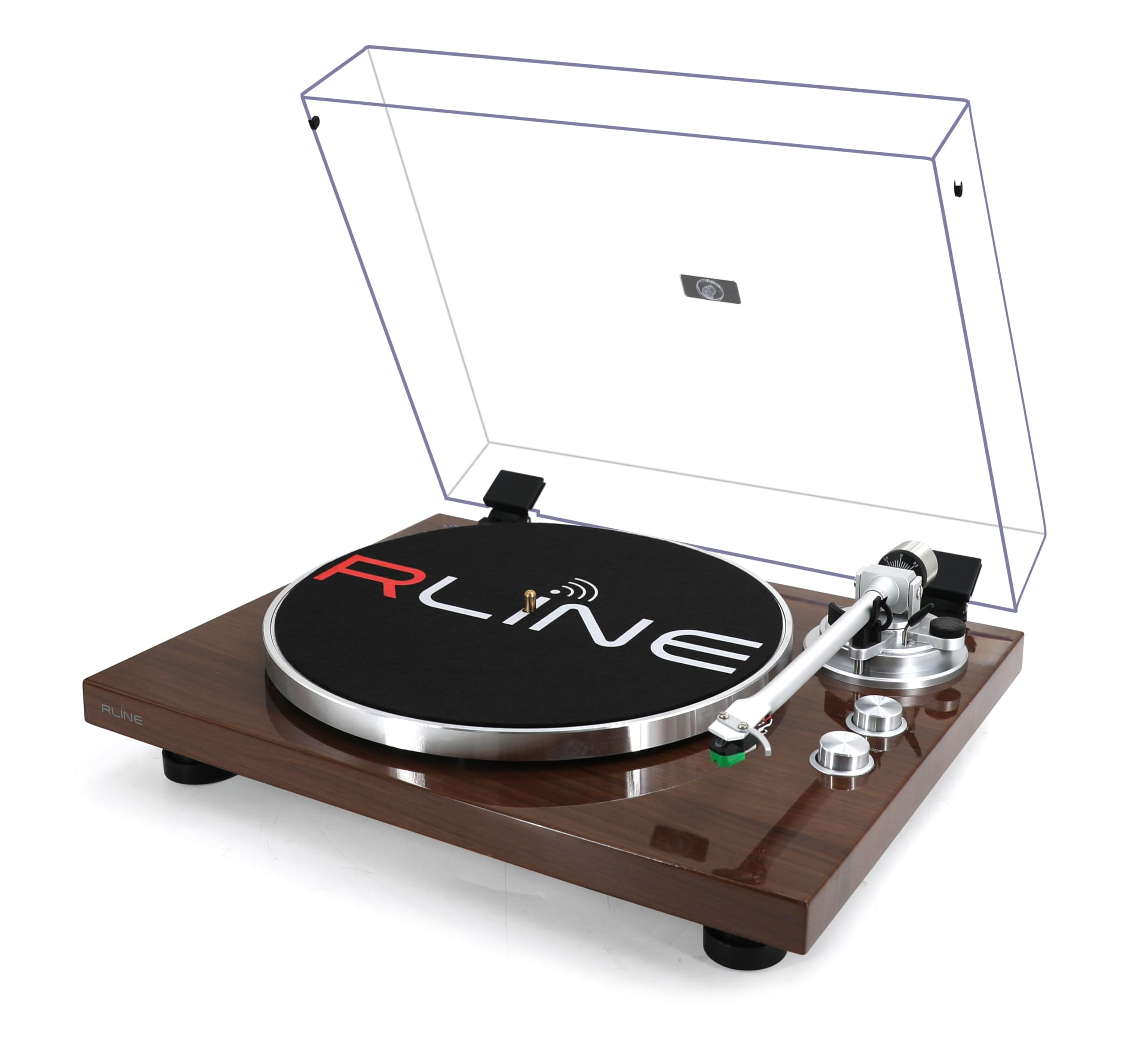 RLINE - Giradischi Vinili Bluetooth Noce Lucido, Lettore Vinili 33 e 45 Giri, Piatto 12" in Alluminio Pressofuso, Cartuccia Magnetica VM-95E, Pre-amplificatore Attivabile, Funzione Anti-Skating