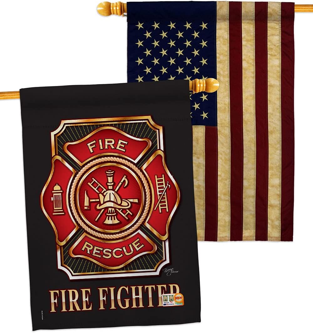 Fire Fighter House Flag - Pack Armed Forces Firefrighter Fireman Department Rescue Red Line Hero Support USA Vintage Applique - Decoration Banner Small Garden Yard Gift Double-Sided Made in 28 X 40