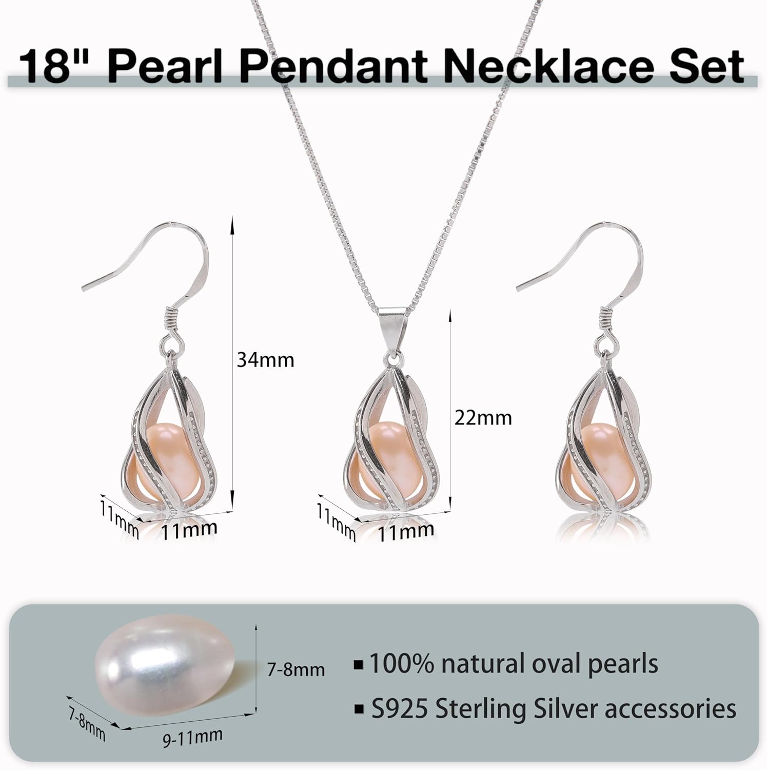 Pearl Jewelry Set For Women S925 Sterling Silver/14K Gold Plated Necklace & Earrings Set Freshwater Pearl Pendant Cage Set for Wedding Anniversary Prom Birthday Gift - Image 3
