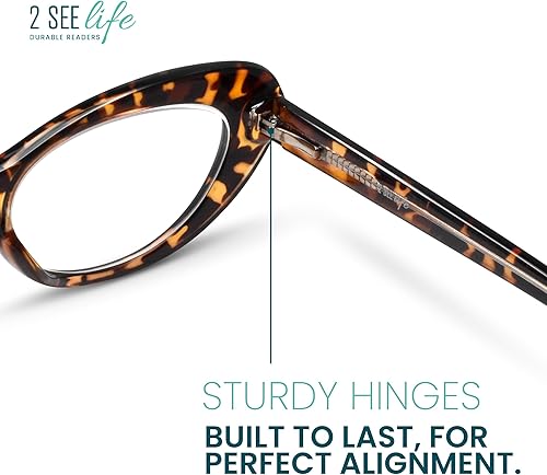 Miniatura 4 de 2SeeLife Gafas de lectura de ojo de gato de gran tamaño para mujer, ajuste mediano, marco resistente, bisagras de resorte, (R-803-Tortoise-1.00)