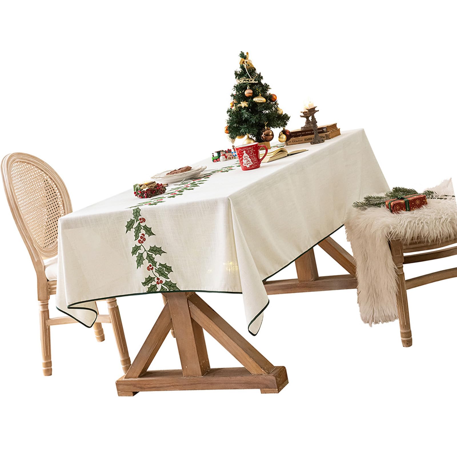 carotoe Christmas Embroidered Tablecloth with Polyester Linen Fabric for Holiday Dining Decoration Festival Polyester Linen Tablecloth