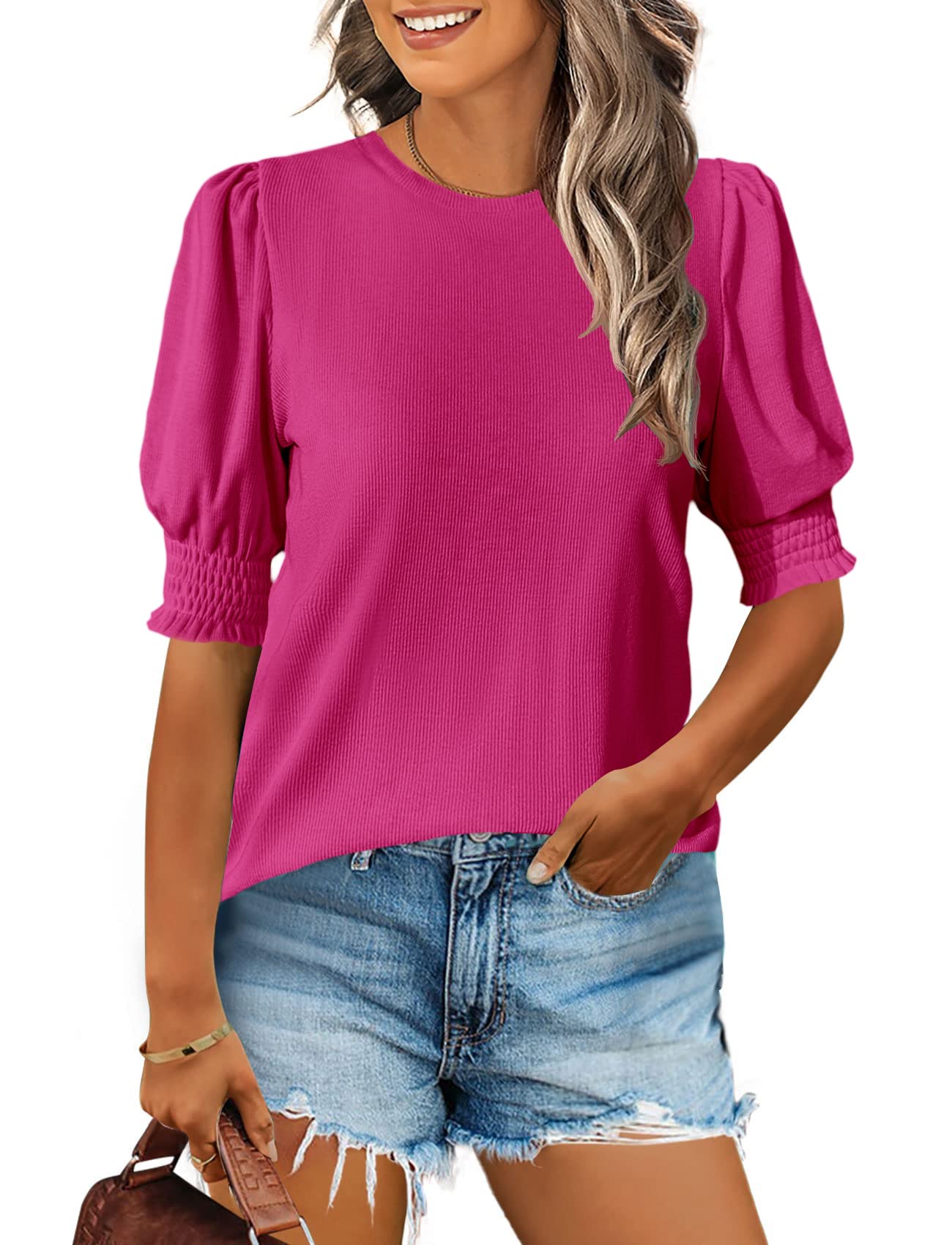 Women's Summer Puff-Sleeve Short-Sleeved T-Shirt, Elegant Crew Neck Blouse, Shirts Tops