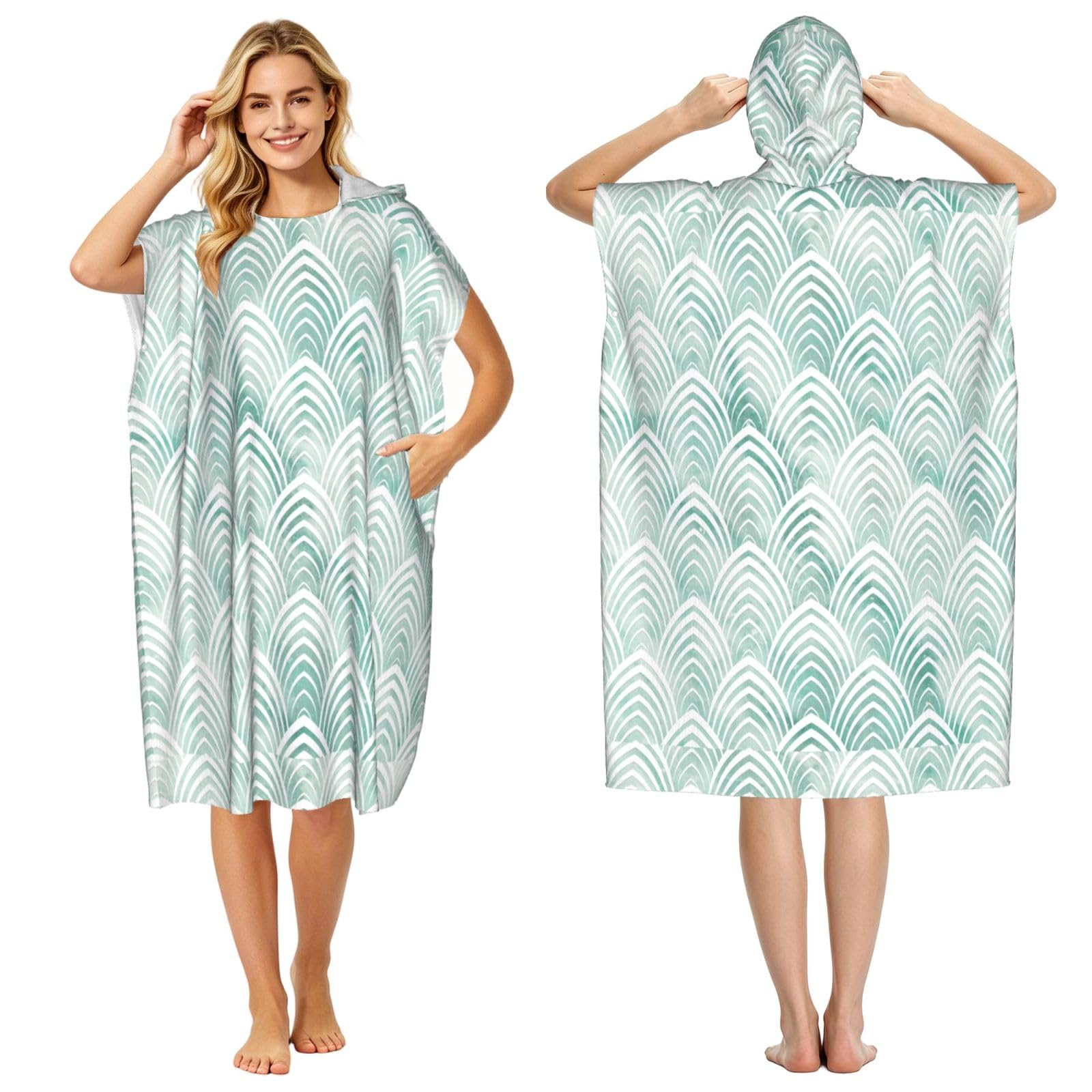 Poadnly Scales Aqua Mint White Geometry Marble, Adult Hooded Beach Towel 90 x 110 cm,Changing Bath Robe, Surf Poncho Towel For Women Men