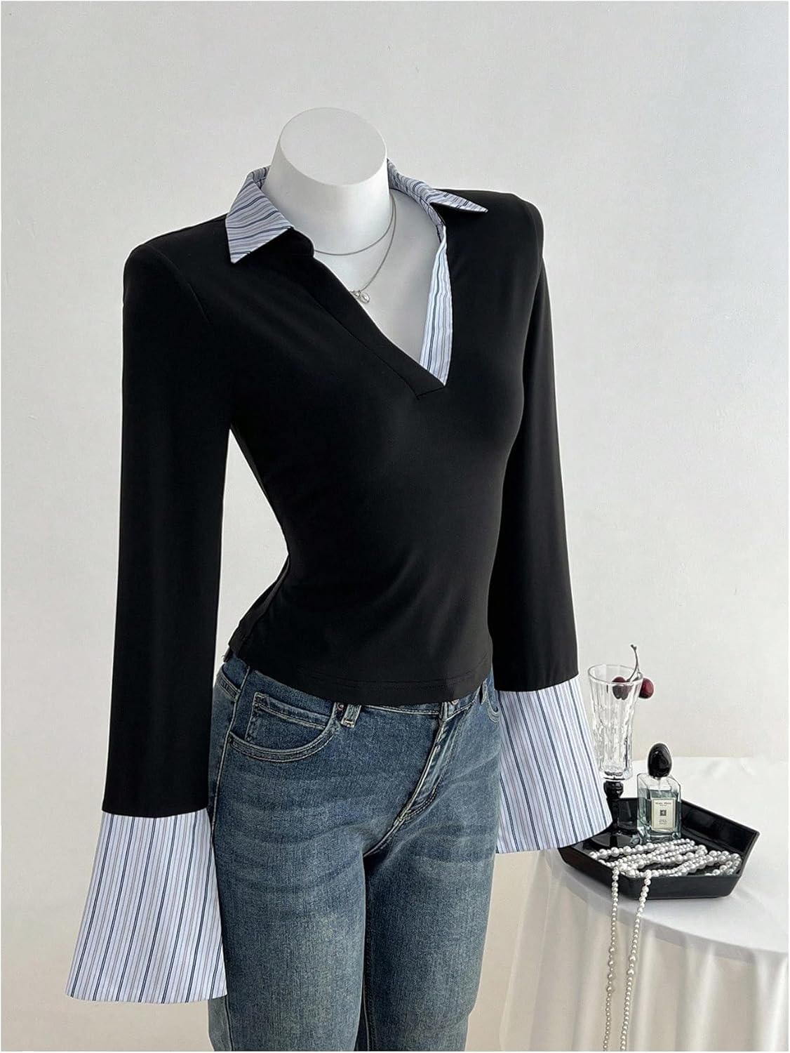 MakeMeChic Women's Striped V Neck Tee Shirt Bell Sleeve Collared 2 in 1 Business Dressy Tops - Image 5