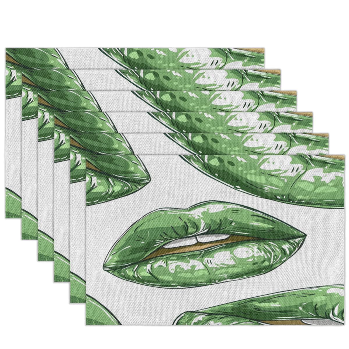 Lakiniss Green Lips Pattern Printed Placemats Set of 6 Washable Kitchen Dining Table Mats Heat Resistant Non-Slip Placemats for Home Farmhouse Kitchen
