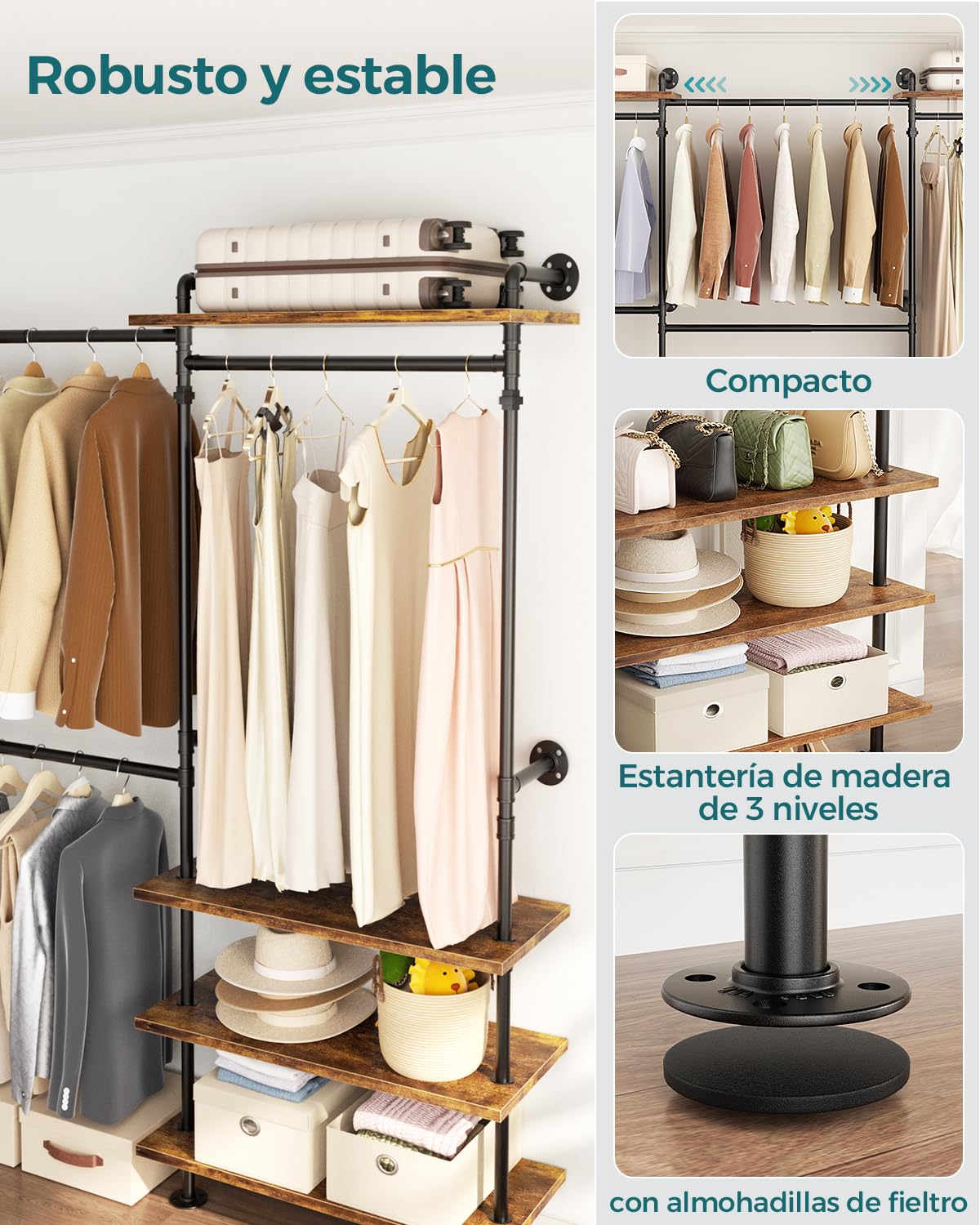 iSunirm Sistema de Armario Abierto – Barra Telescópica de Gran Capacidad, Armario de Acceso Facil, Flexible en Forma de L o Recta, Diseño de Tubo Industrial para Dormitorio y Vestidor