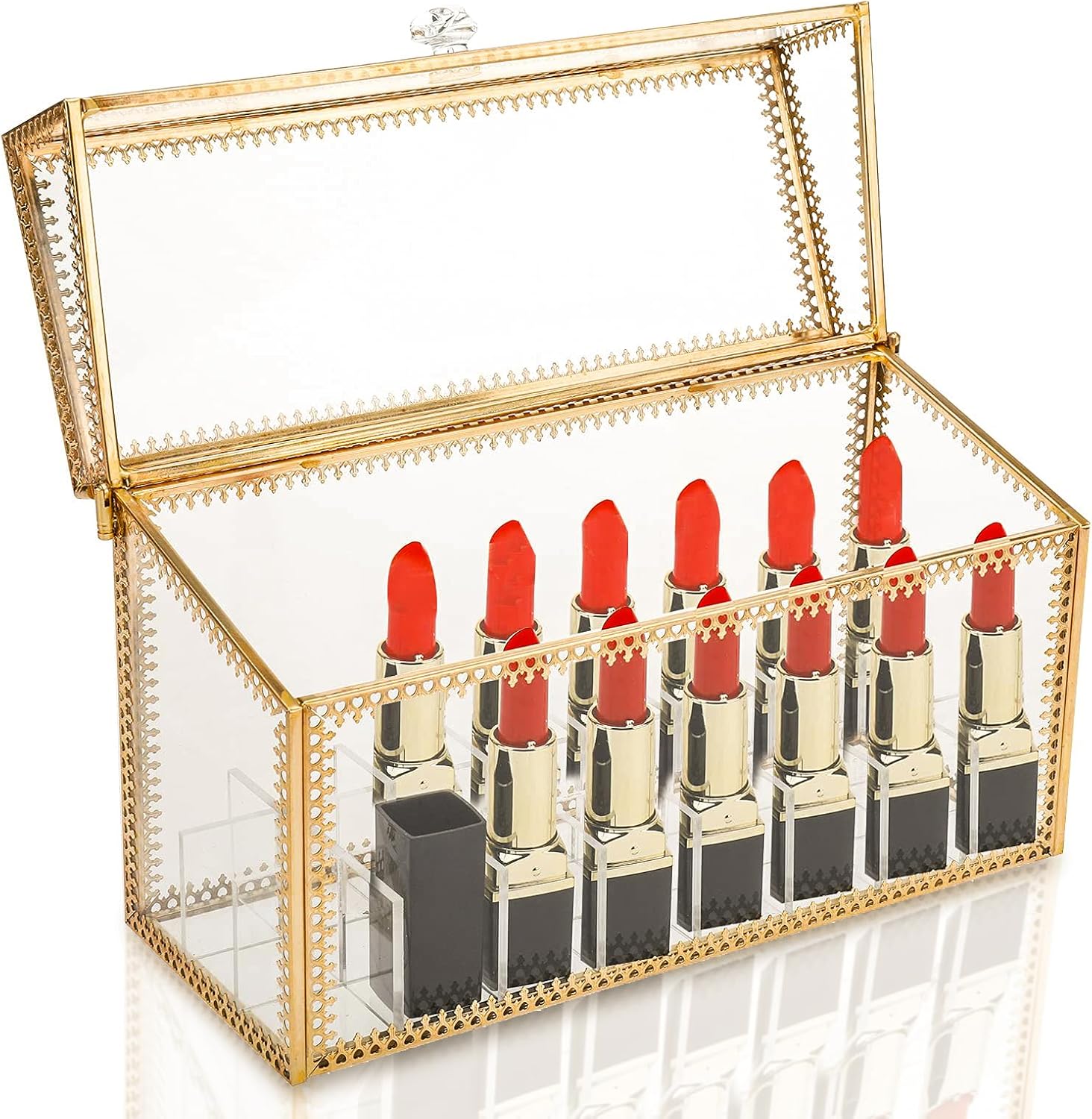 HighFree 24 Slots Glass Lipstick Organizer - Gold Vintage Transparent Display Box With Lid & Removable Dividers for Lip Gloss