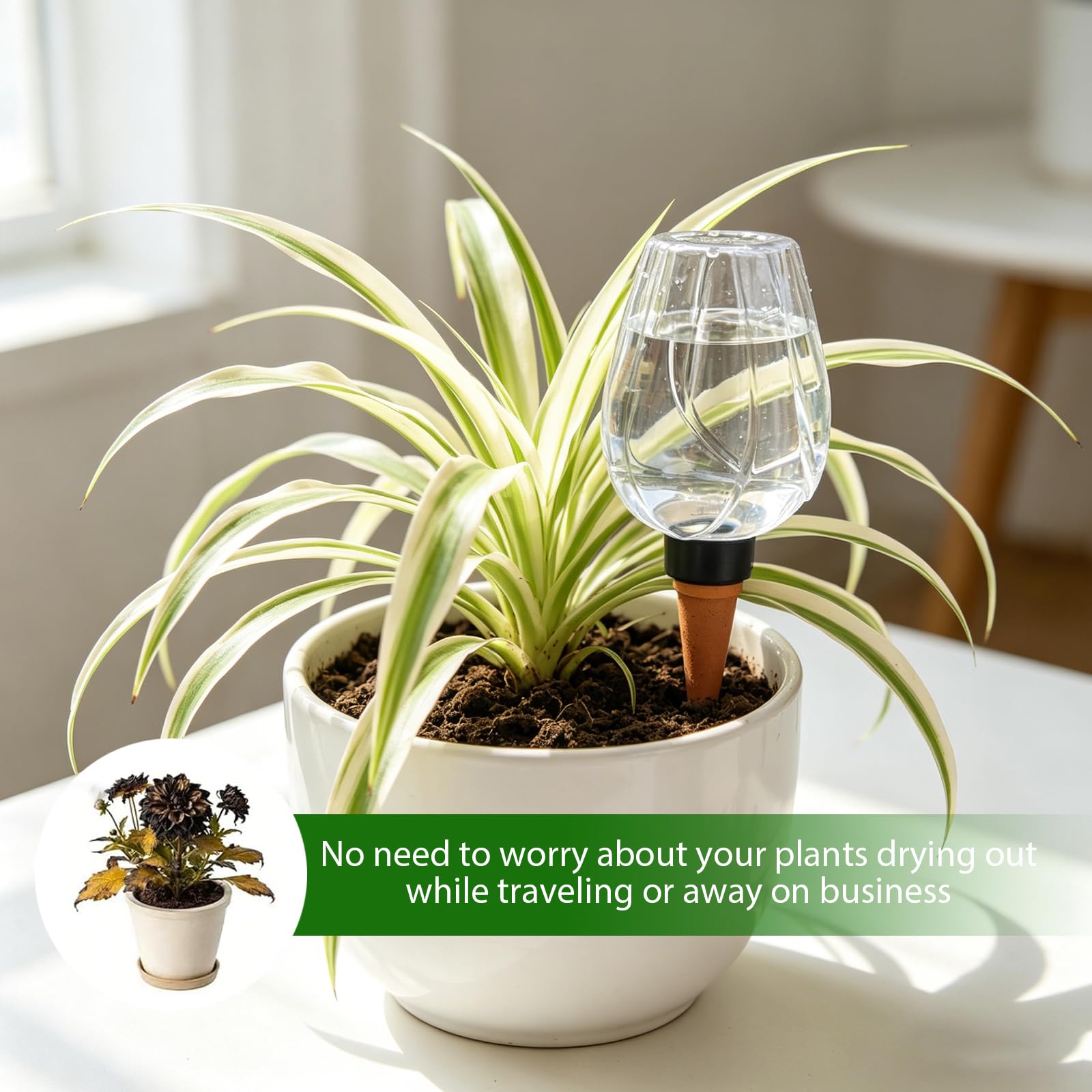 4 Pièces Globes D'arrosage Automatique 350ML, Distributeur Eau Plante Transparent avec Pointes en Terre Cuite Arrosage Plante Interieur pour Jardins et Balcons Parfaits pour Les Vacances