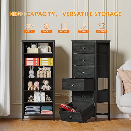 Miniatura 4 de Furnulem Tall Dresser with 6 Drawers,Vertical Bedside End Table & Chest for Bedroom,Black Storage Tower Dorm Nightstand with Fabric Drawer Organizer
