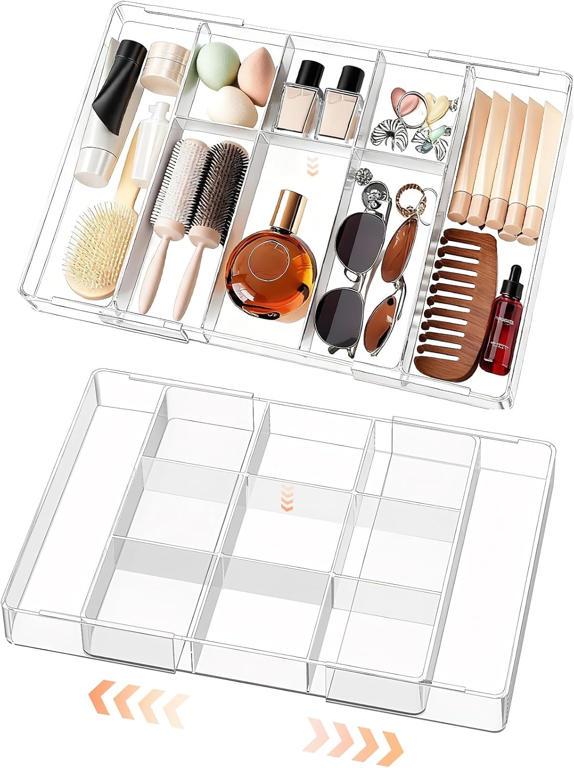 Acrylic Expandable Desk Drawer Organizer with 11 Adjustable Compartments and 6 Removable Dividers Desk Accessories for Office Kitchen Bathroom Makeup and Utensil Junk Storage (Clear, 3Pcs)