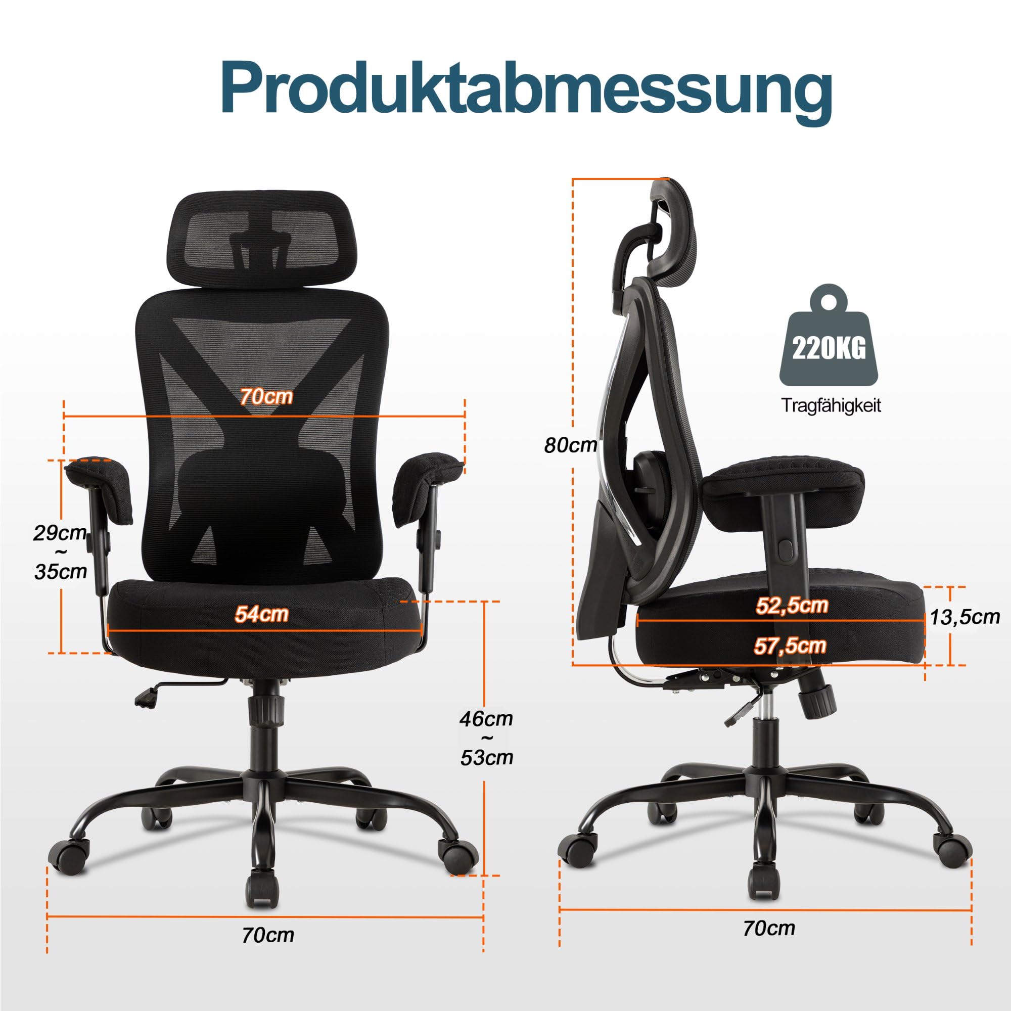UEV Ergonomischer Bürostuhl 220kg mit Kopfstütze, Schreibtischstuhl Schwarz | Verstellbare Lendenwirbelstütze/Armlehnen, atmungsaktiv Netzbespannung, 13,5CM verdicke Sitzkissen,Home Office Chair
