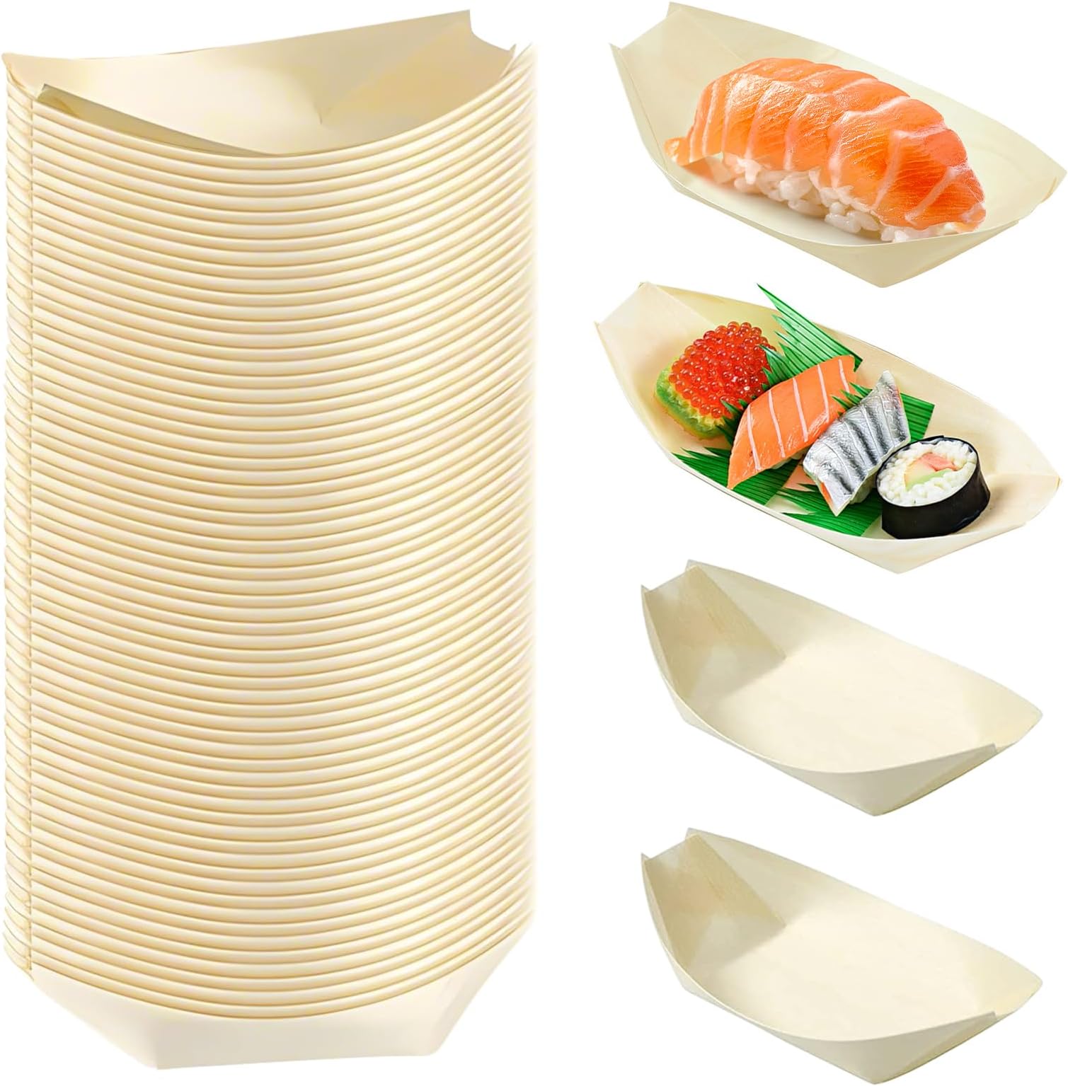 Bamboo Food Boats - Eco-Friendly Disposable Plates, Wooden Serving Trays for Party, BBQ, Hot Dogs, Crepes, Salad, Chips, Fingerfood, Sushi (17 x 8.5cm)