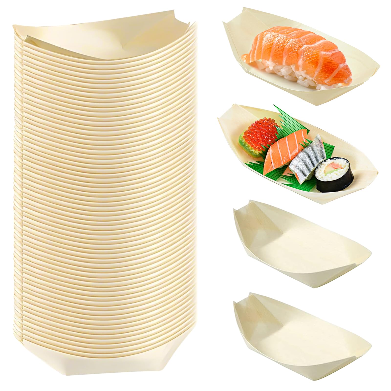 Bamboo Food Boats - Eco-Friendly Disposable Plates, Wooden Serving Trays for Party, BBQ, Hot Dogs, Crepes, Salad, Chips, Fingerfood, Sushi (17 x 8.5cm)