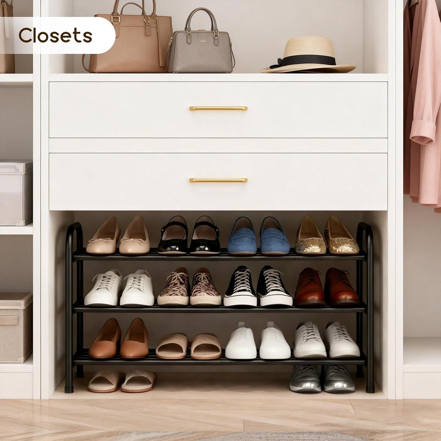 3-Tier Expandable Shoe Rack, Adjustable Shoe Shelf Storage Organizer Durable Metal Free Standing Shoe Rack for Entryway Closet Doorway (Black)