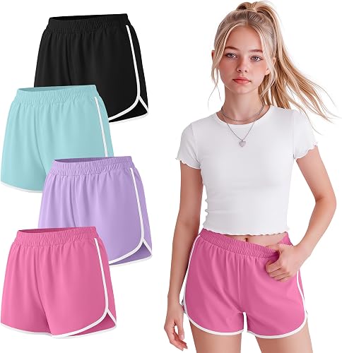 YooAurvox 4 Pack Girl's Athletic Shorts, 4-Color, 11-12 Years