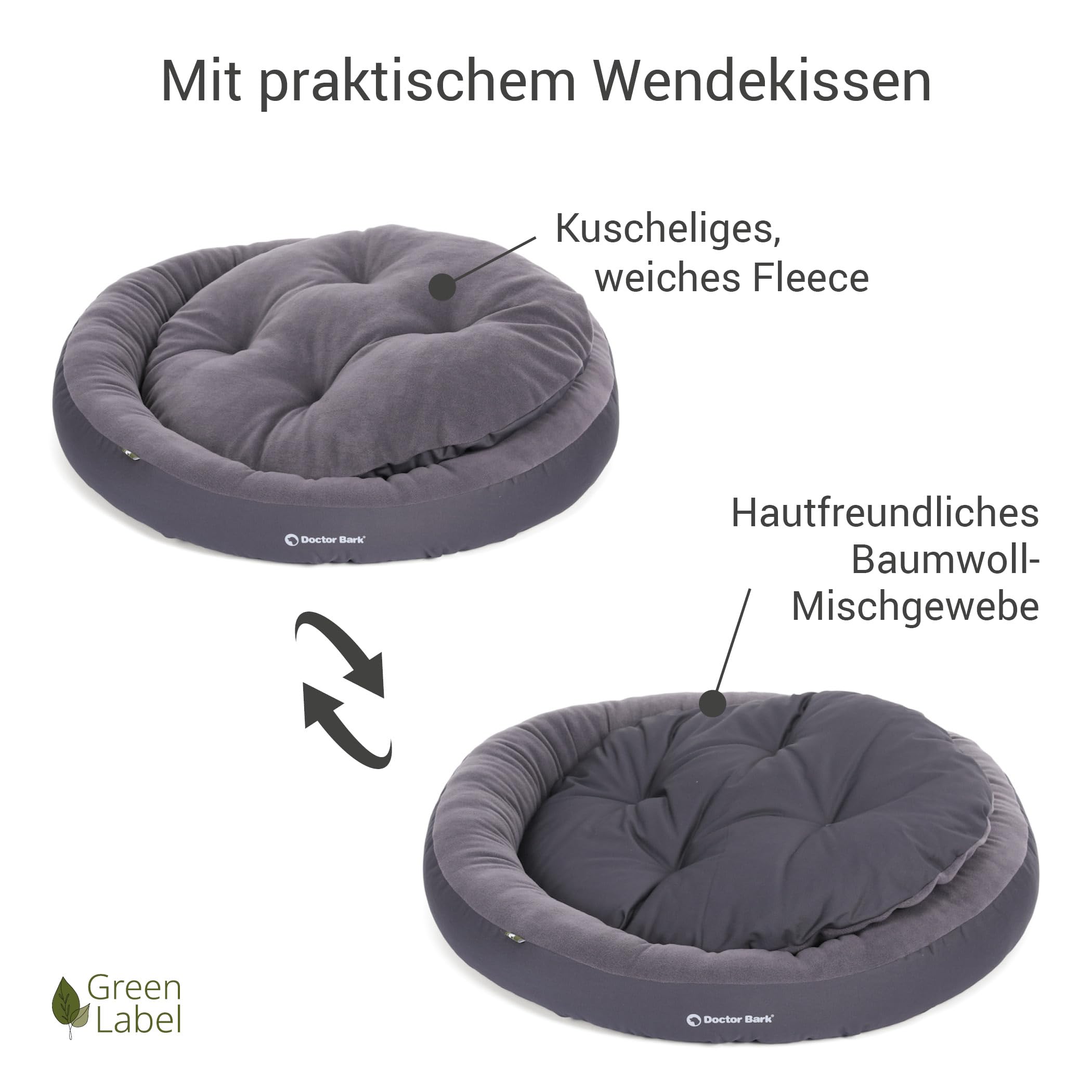 Doctor Bark Hundekorb Mittelgroße Hunde, Hundebett Weich, Rund, Flauschig - Kuscheliges Hundenest mit Wendekissen Fleece/Baumwolle - GreenLabel Hunde Bett (M - 60x50 cm, Grau)