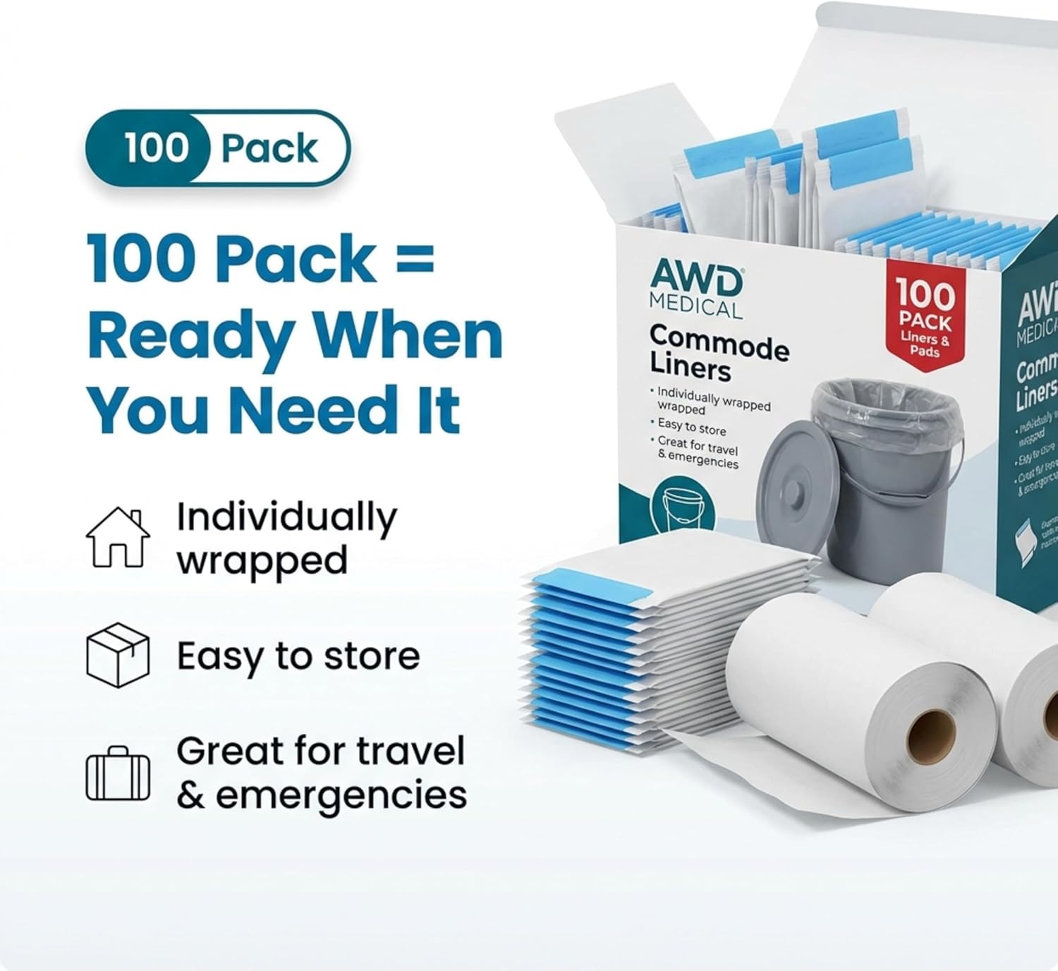 100 PACK - Commode Liners with Absorbent Pads - Adults Commode Bag Compatible with Most Toilets - Portable Commode Liners with Gel Pads - Disposable Bedside Toilet Liner Bags for Adult Potty Chair