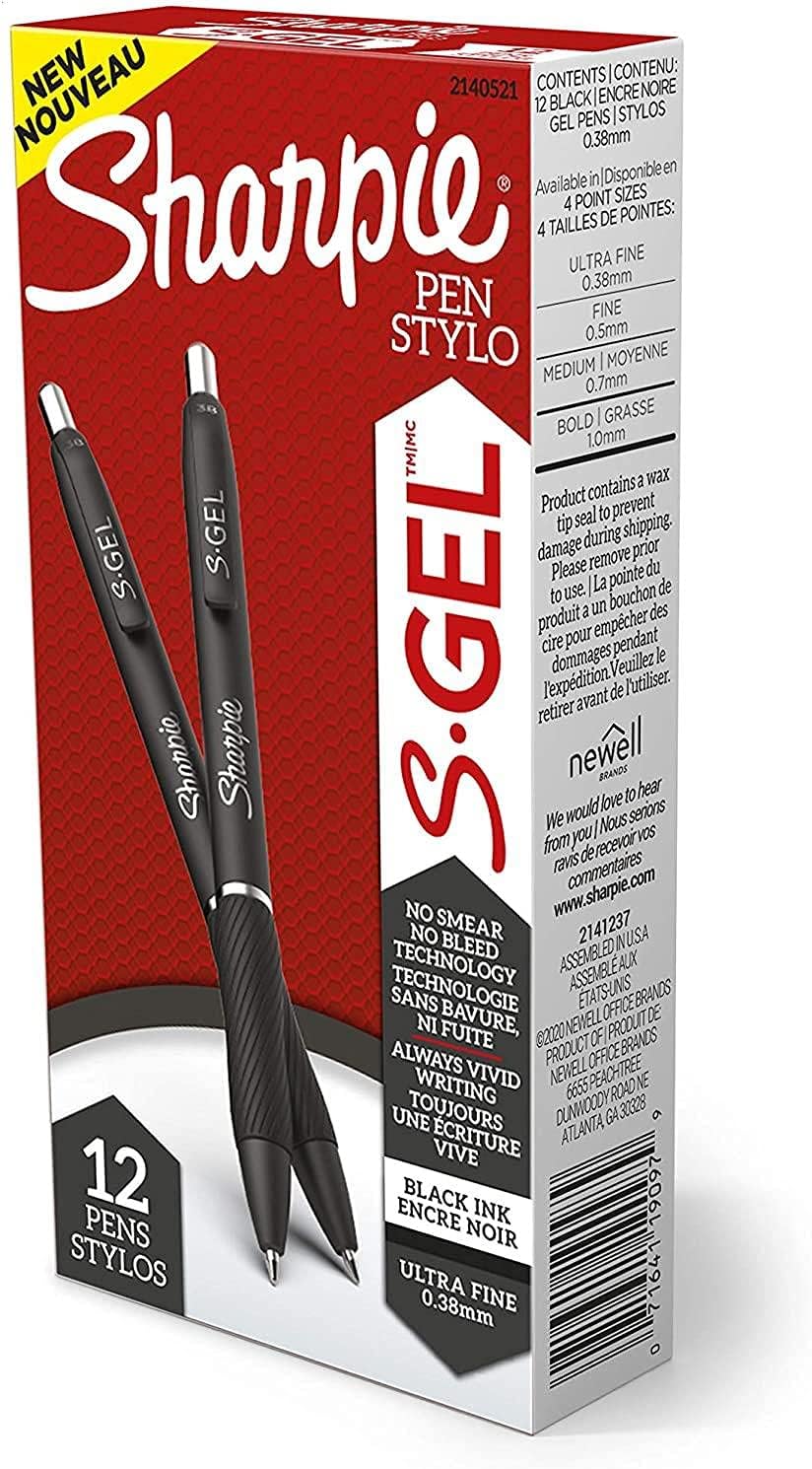 Sharpie SGel, Gel Pens, Ultra Fine Point (0.38mm), Black, 12 Count