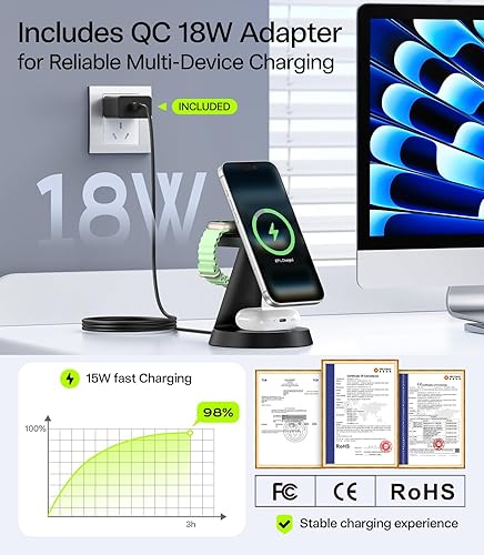 Miniatura 8 de Estación de carga 3 en 1 compatible con cargador MagSafe para Apple, soporte de cargador inalámbrico rápido de 15 W para iPhone 17, 16, 15, 14, 13,