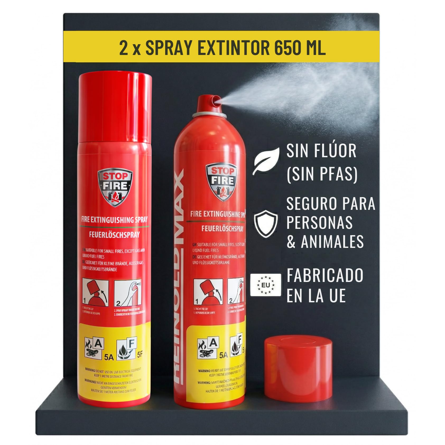 2X Mini Extintor Casa 650ml sin Flúor | Seguro para la Piel | Clases A, F, E hasta 1000V | Extintores, Fire Extinguisher Home, Extintor Coche, Barco, Apartamento