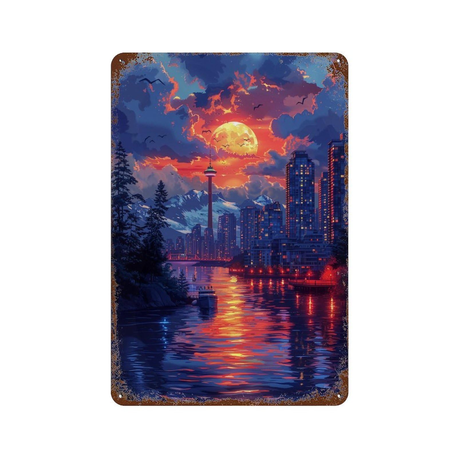Garage Style Cityscape Sunset Reflections -2 Decorative Tin Sign 11.8"x7.9", Shabby Chic Decor for Bar And Workshop