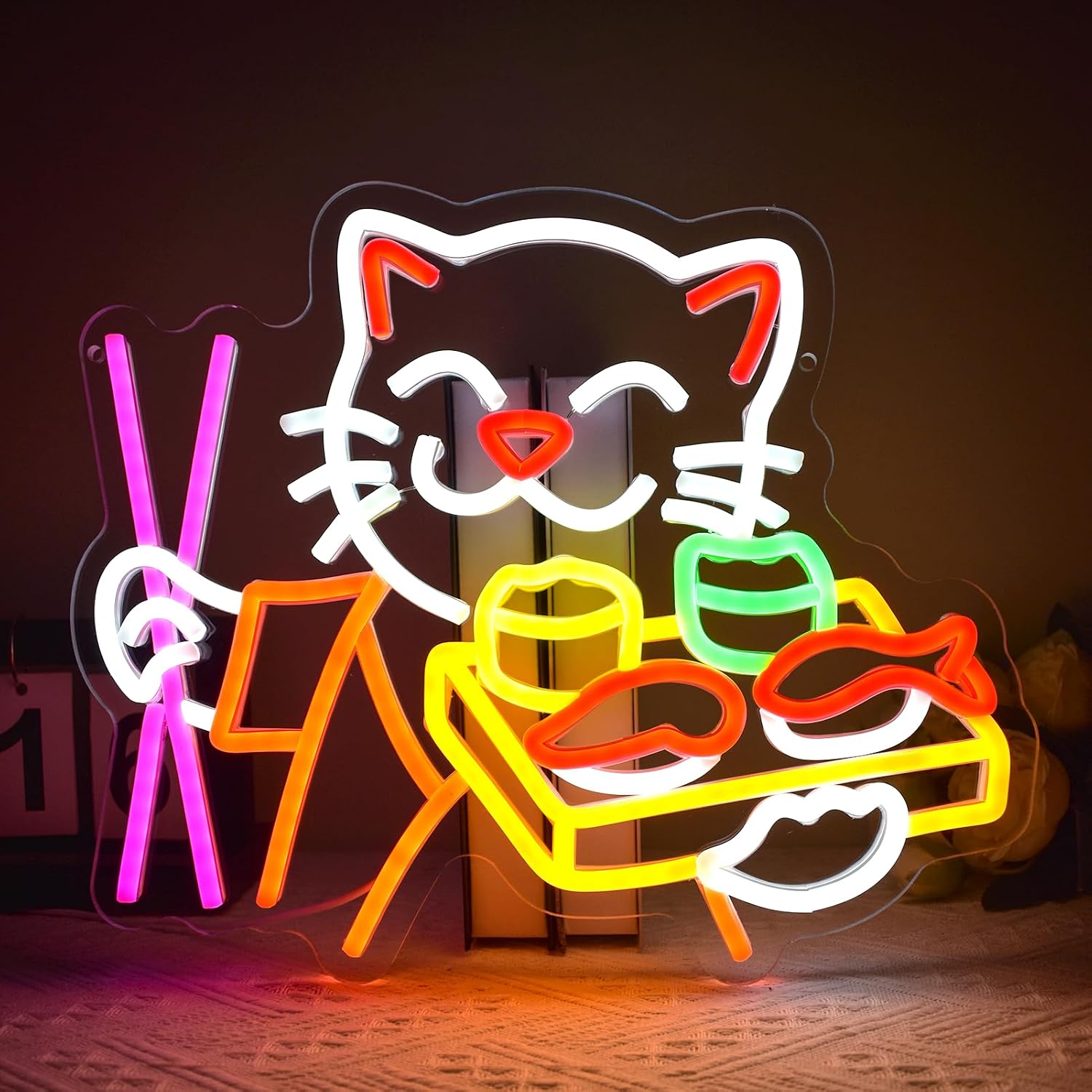 Sushi Cat Neon Sign Lucky Cat Led Wall Light for Ramen Restaurants Sushi Shop Decor, Dimmable Japanese Food Open Sign for Kitchen Home Party Supermarket 13.8"x11.4"