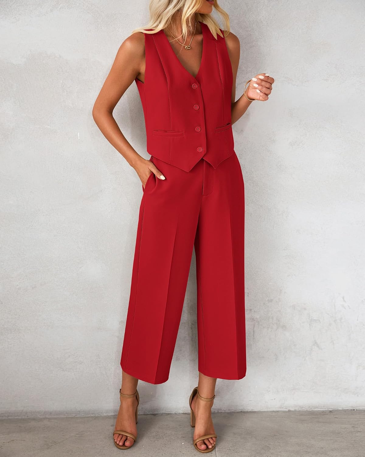 luvamia Pant Suits for Women Dressy Casual 2 Piece Sets Sleeveless Blazer Vest with Wide Leg Capri Pants Work Outfit
