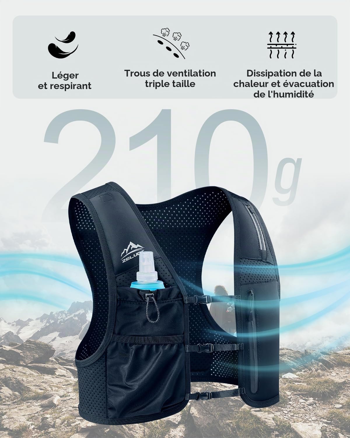 Zelvot Gilet d’Hydratation Unisexe, Gourde Souple 500ml, Poche Smartphone | 6 poches, 3 sangles réglables, 213 g, néoprène respirant, détails réfléchissants, confort léger pour trail, vélo et marathon