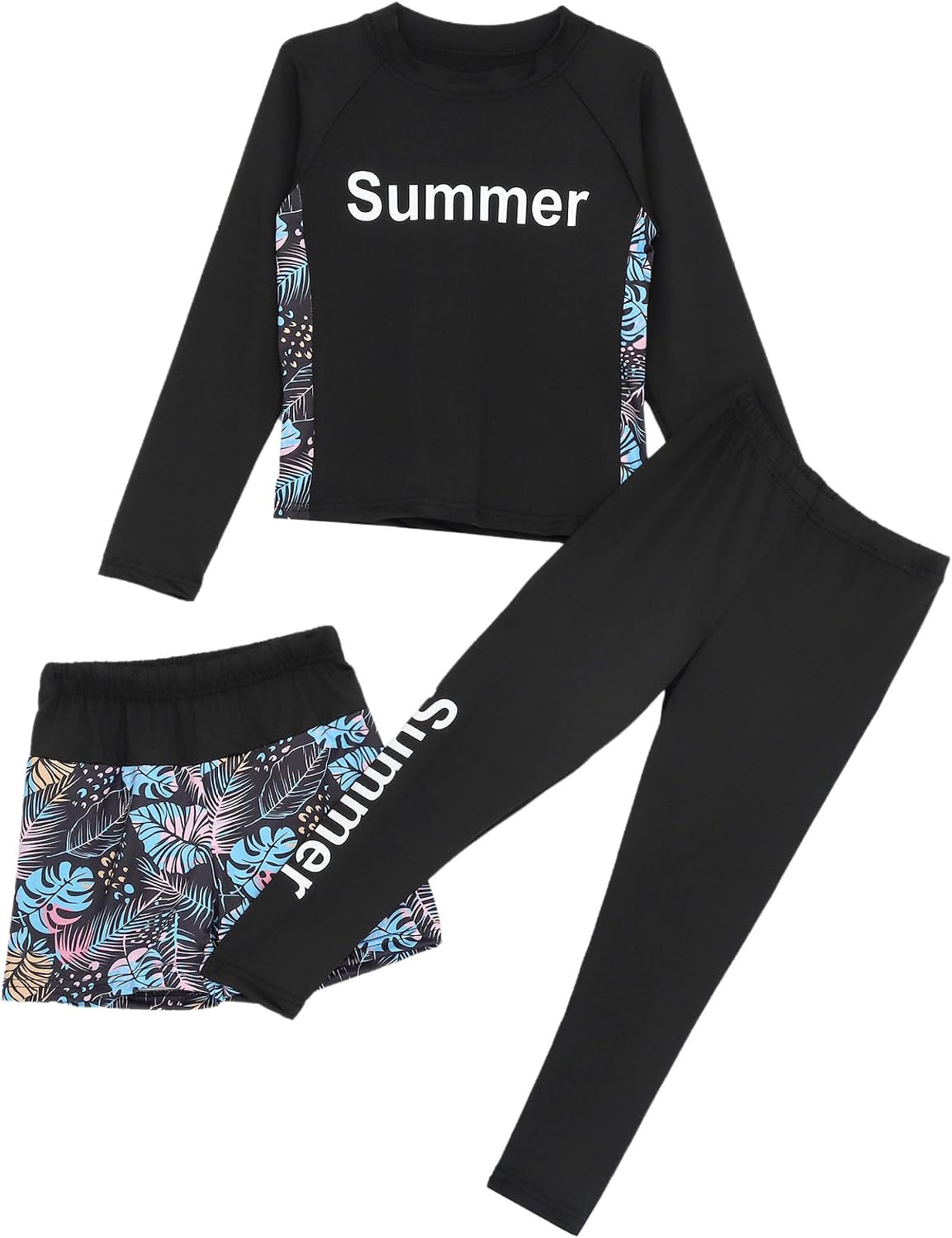 Big Boys Girls 3 Piece Rash Guard Set Long Sleeve Swim Shirt with Leggings Shorts UPF 50+ Swimsuit