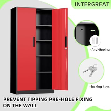 INTERGREAT Storage Cabinet, 72 Steel Locking Closet with Doors and 4 Adjustable Shelves, Tool Unit for Home Office, Garage & Tall Lockable File Cabinet, Black Red