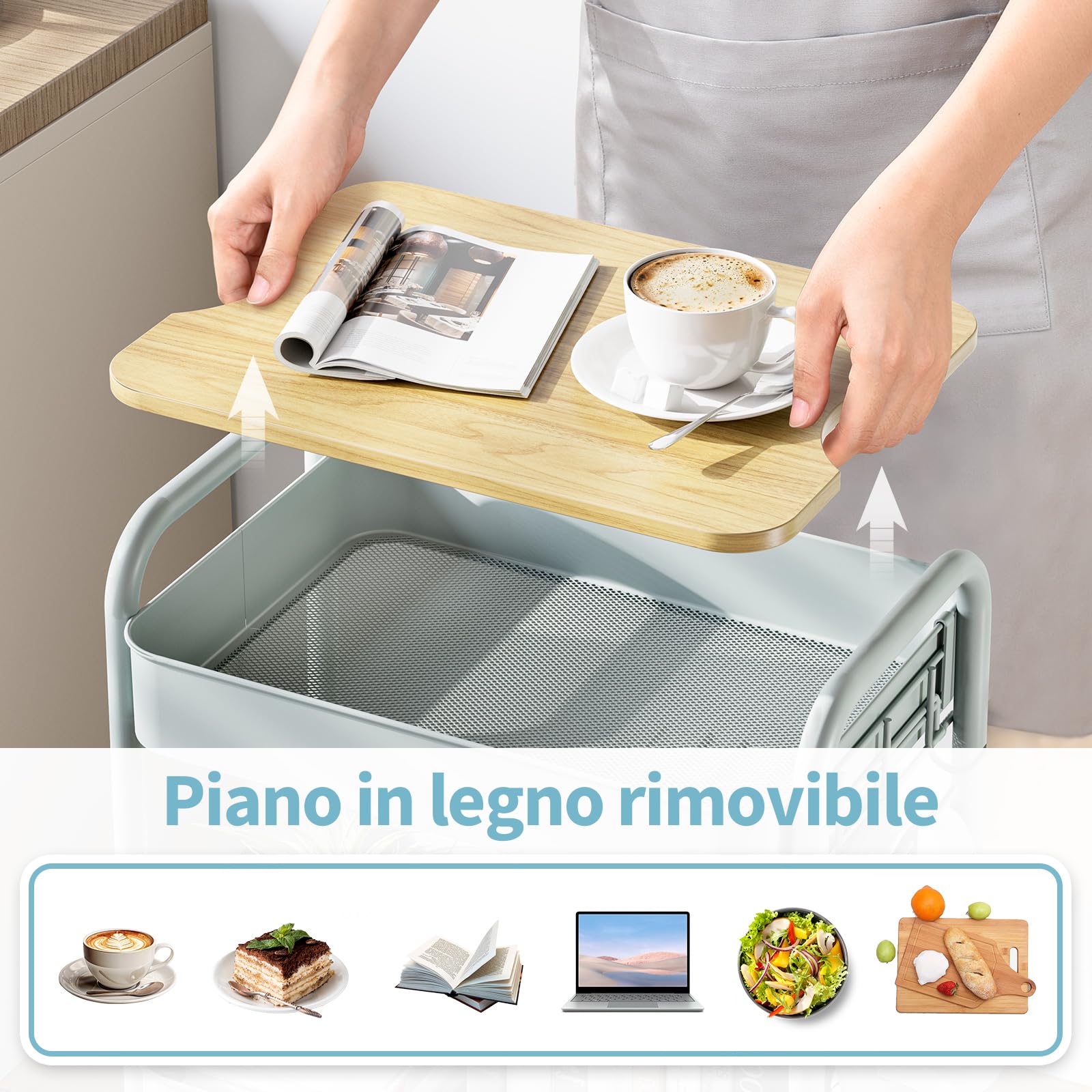 KINGRACK Carrello con Ruote Portatutto Cucina 3 Livelli, Carrellino Salvaspazio con Tavole Rimovibili - Verde, per Cucina/Soggiorno/Camera, Struttura in Metallo, Facile Montaggio, 44x30.5x79 cm