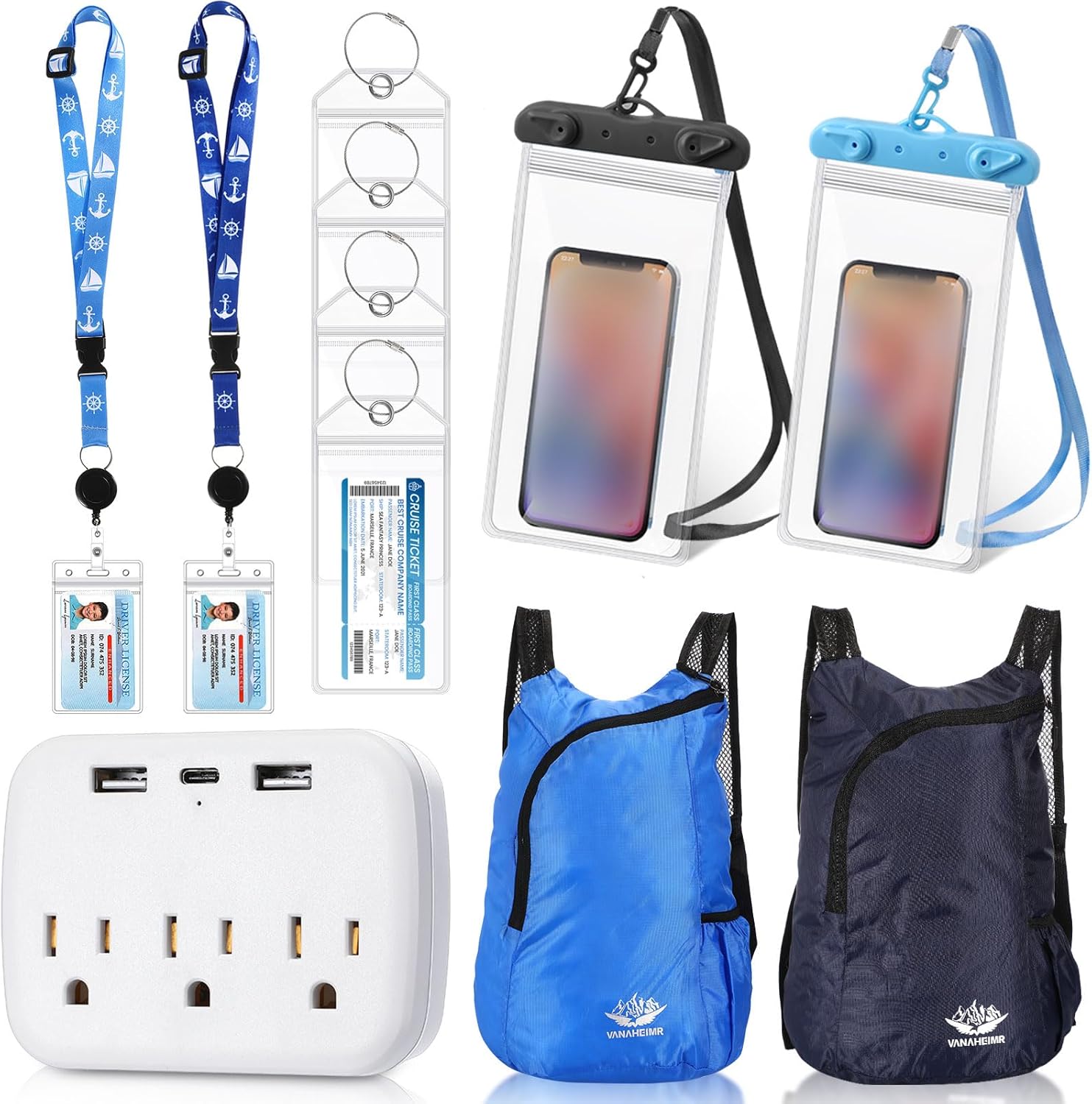 Tenceur 11 Pcs Cruise Accessories Kit 4 Carnival Cruise Luggage Tag 2 Lanyard 1 Power Strip 2 Phone Pouch 2 Folding Schoolbag(Classic)