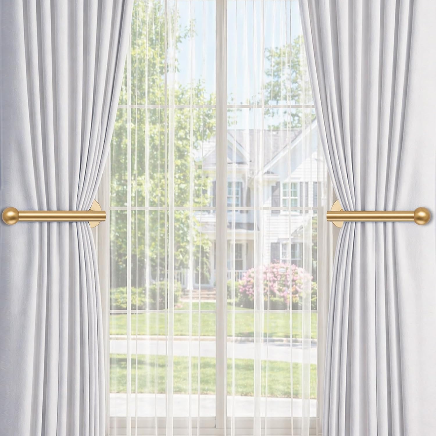 2 Pack Curtain Holdbacks, Adhesive Curtain Tiebacks, Wall Mounted Curtain Hooks for Drapes, Stainless Steel Curtain Pull Backs & Side Holders, Golden