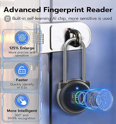 Miniatura 3 de Anweller Cerradura de casillero de gimnasio con huella digital, sin llave, biométrico de grillete largo, candado pequeño, electrónico, digital,