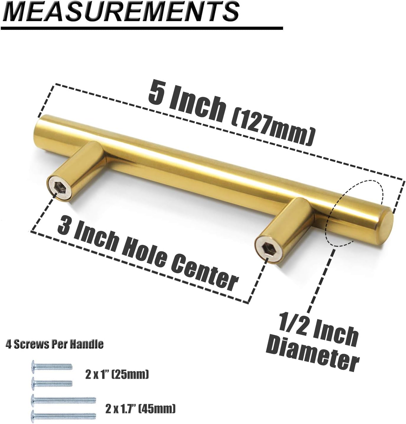 Probrico (5 Pack 3" Hole Centers Gold Cabinet Pulls, Euro Bar Cabinet Hardware Kitchen Bathroom Cabinet Modern T Bar Dresser Pull Drawer Handles, 5 Inch Overall Length