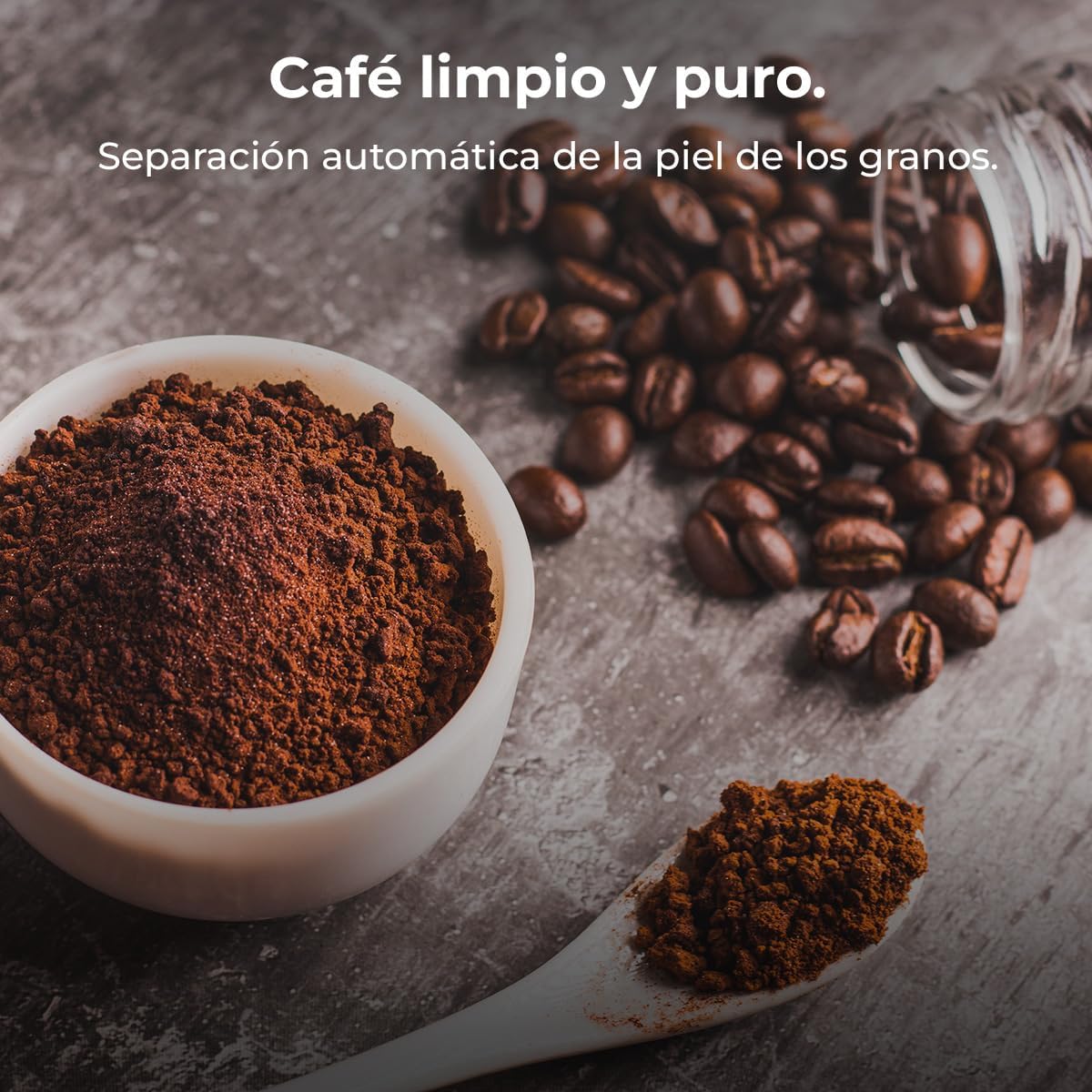 Ground coffee and roasted beans, illustrating the result of the roasting process and the separation of silver skin.