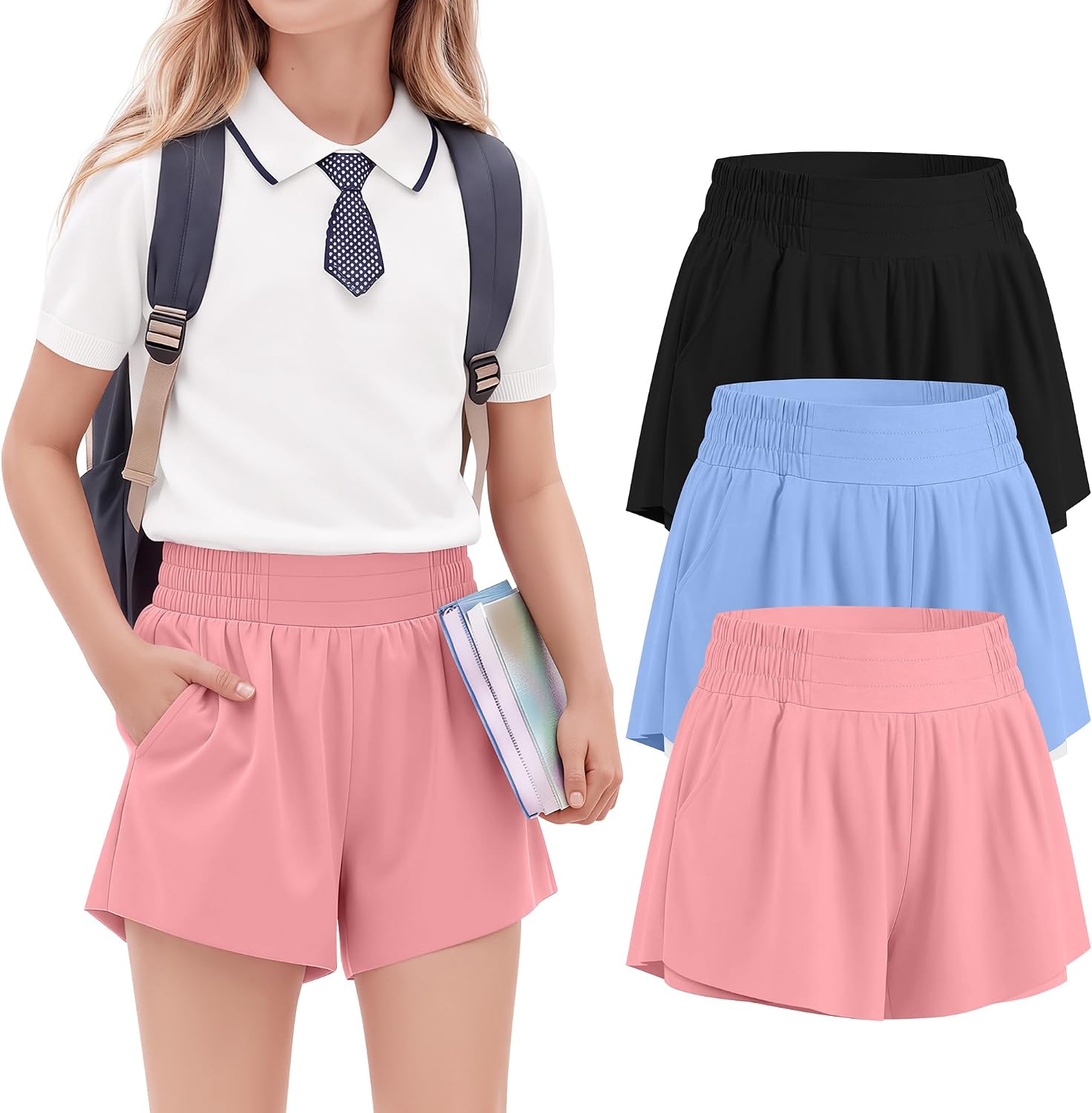 3 Pack Girls Athletic Shorts | Active Shorts, Quick-Dry, 2-in-1 Liner, Butterfly, Flowy, Pockets, 5-14Y, Sports, Summer, School, Playground, Teenis, Running