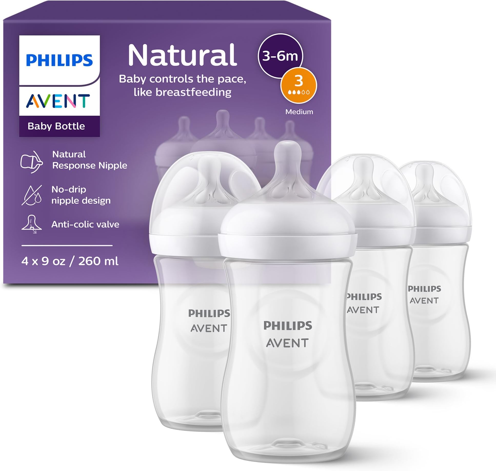 PHILIPS AVENT Natural Baby Bottle with Natural Response, Clear, 9oz, 4pk, SCY903/04, 9 Ounce