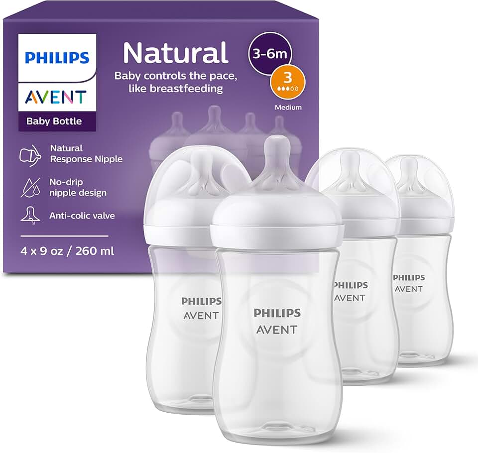 飛利浦 飛利浦新安怡 天然 嬰兒 Bottles 含 天然 Response Nipples (Medium Flow, Flow 3), 9oz, 4-包裝, SCY903/04 GreenCircle Certified: Certified Environmental Facts Label
