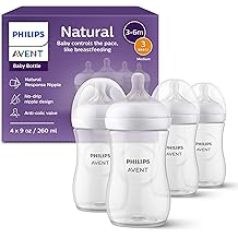 Philips Avent Natural Baby Bottles with Natural Response Nipples (Medium Flow, Flow 3), 9oz, 4-Pack, SCY903/04