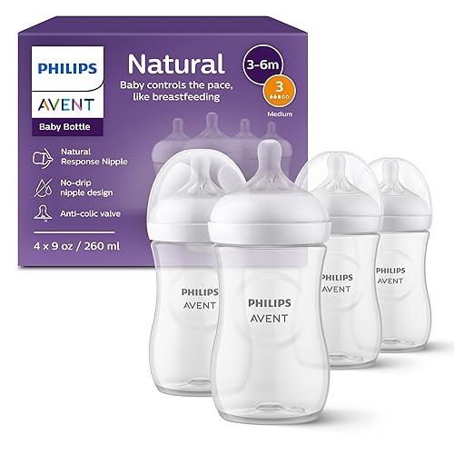Philips AVENT - Biberón natural con boquilla de respuesta natural, transparente, 9 onzas, paquete de 4, SCY903/04
