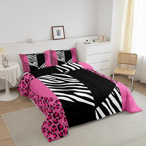 Miniatura 2 de Manfei Juego de edredón de leopardo rosa, tamaño individual, juego de edredón romántico con estampado de corazón con 1 funda de almohada, juego de