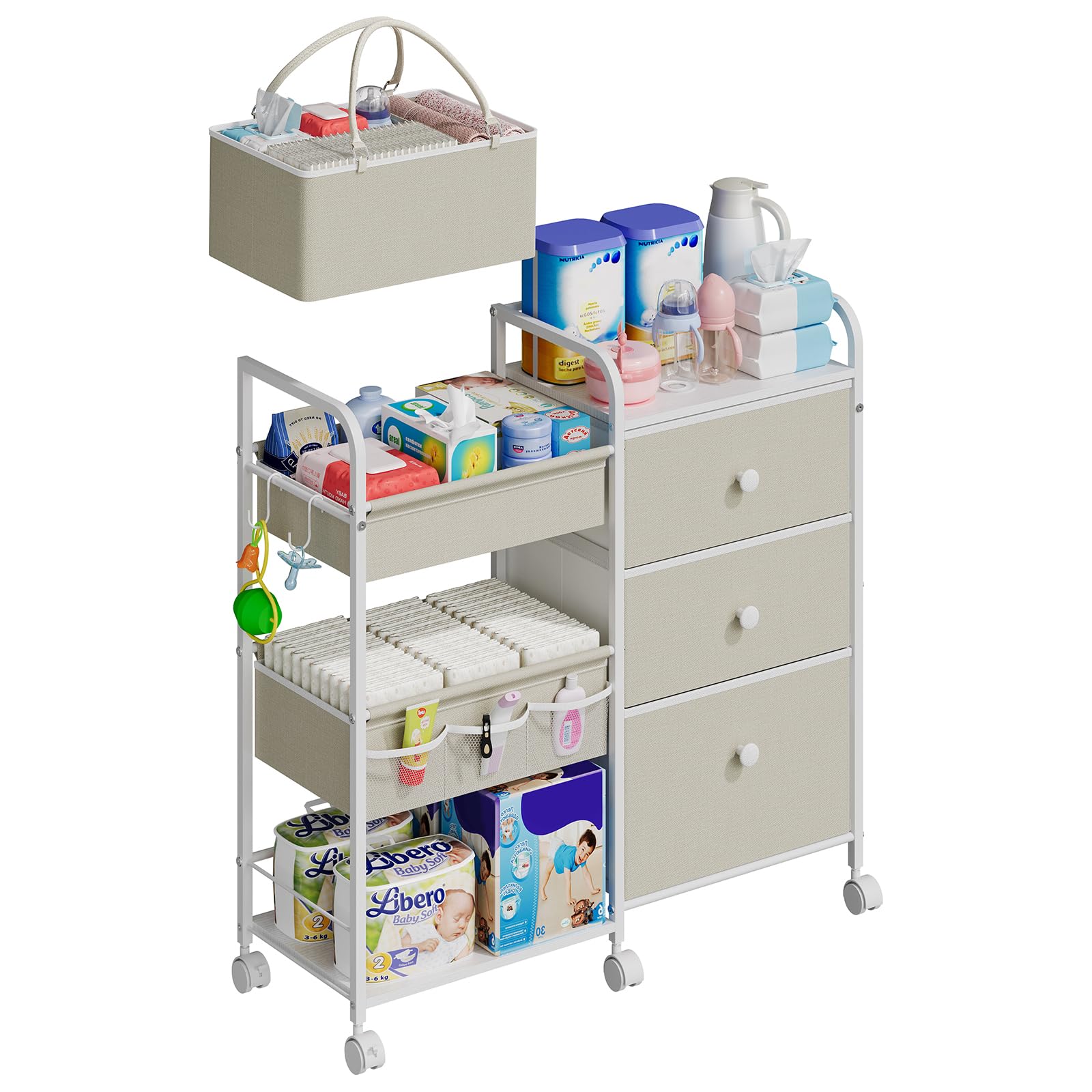 Cidaziya 2 en 1 - Organizador de pañales para bebé, carrito rodante de 3 niveles con divisores y cajones, carrito utilitario móvil, organizador de ropa para cambiador, cuna, guardería, dormitorio